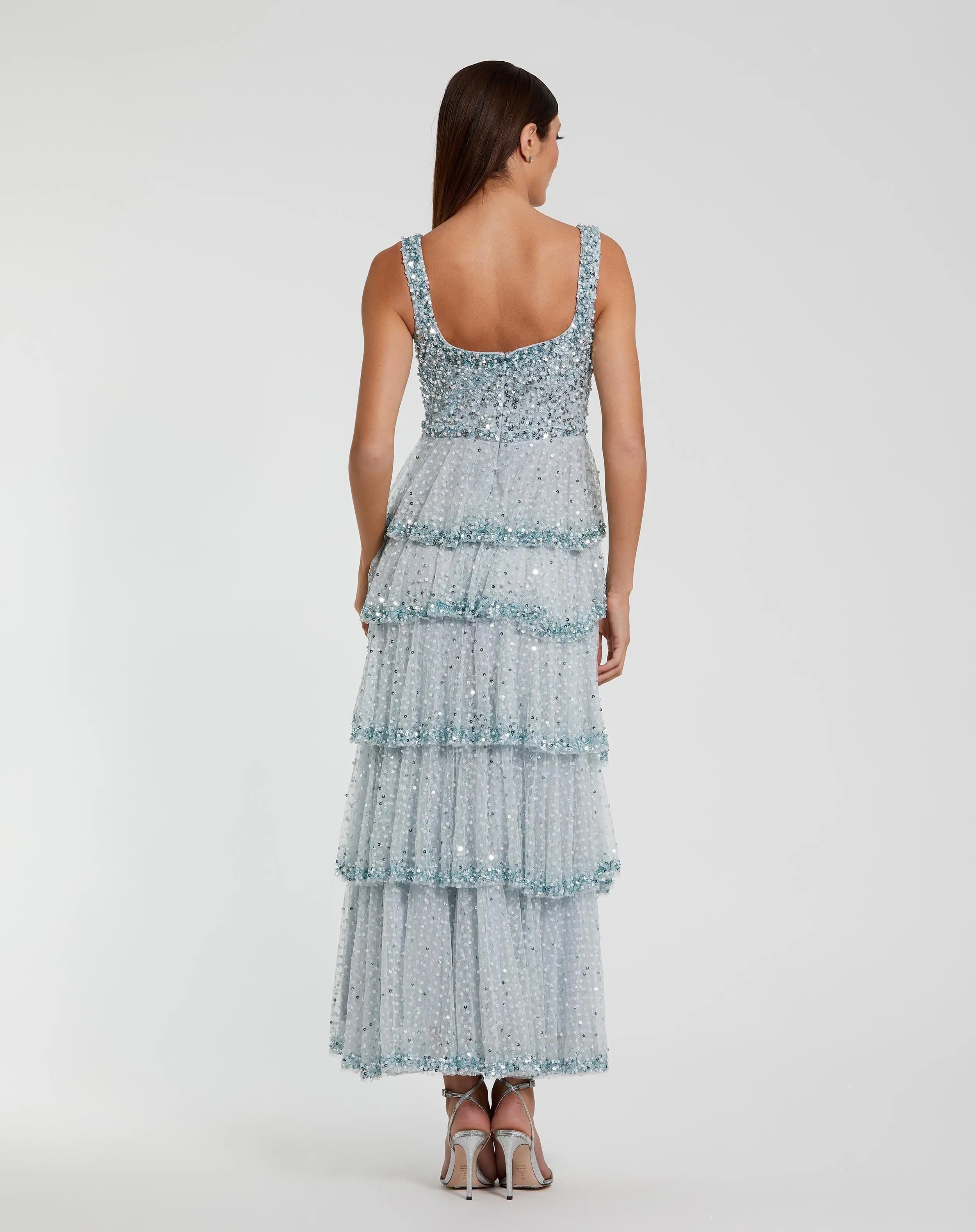 Blue Embellished Net Tiered Ruffle Scoop Neck Dress-Myartka