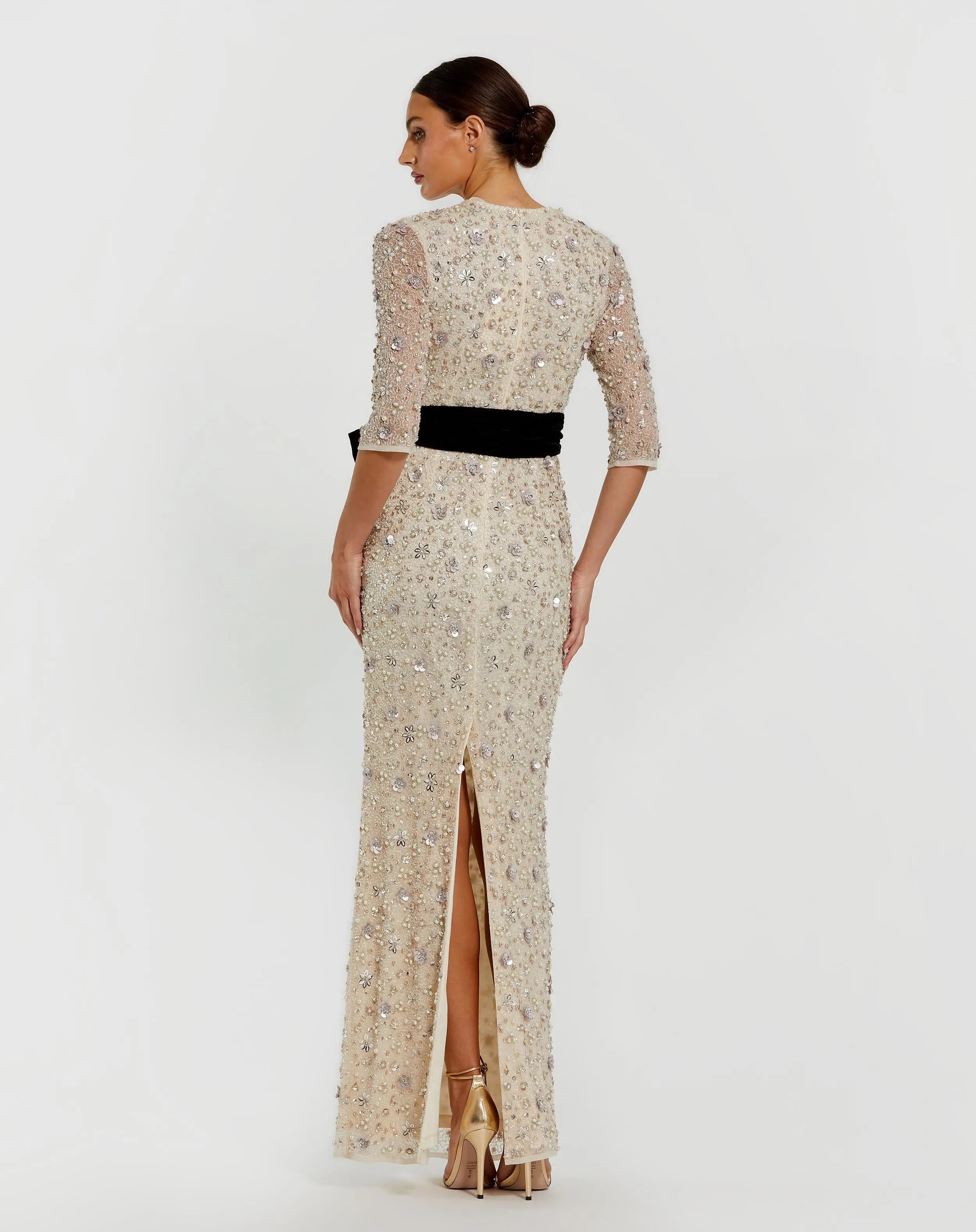 Ivory Embellished Evening Gown with Velvet Bow-Myartka