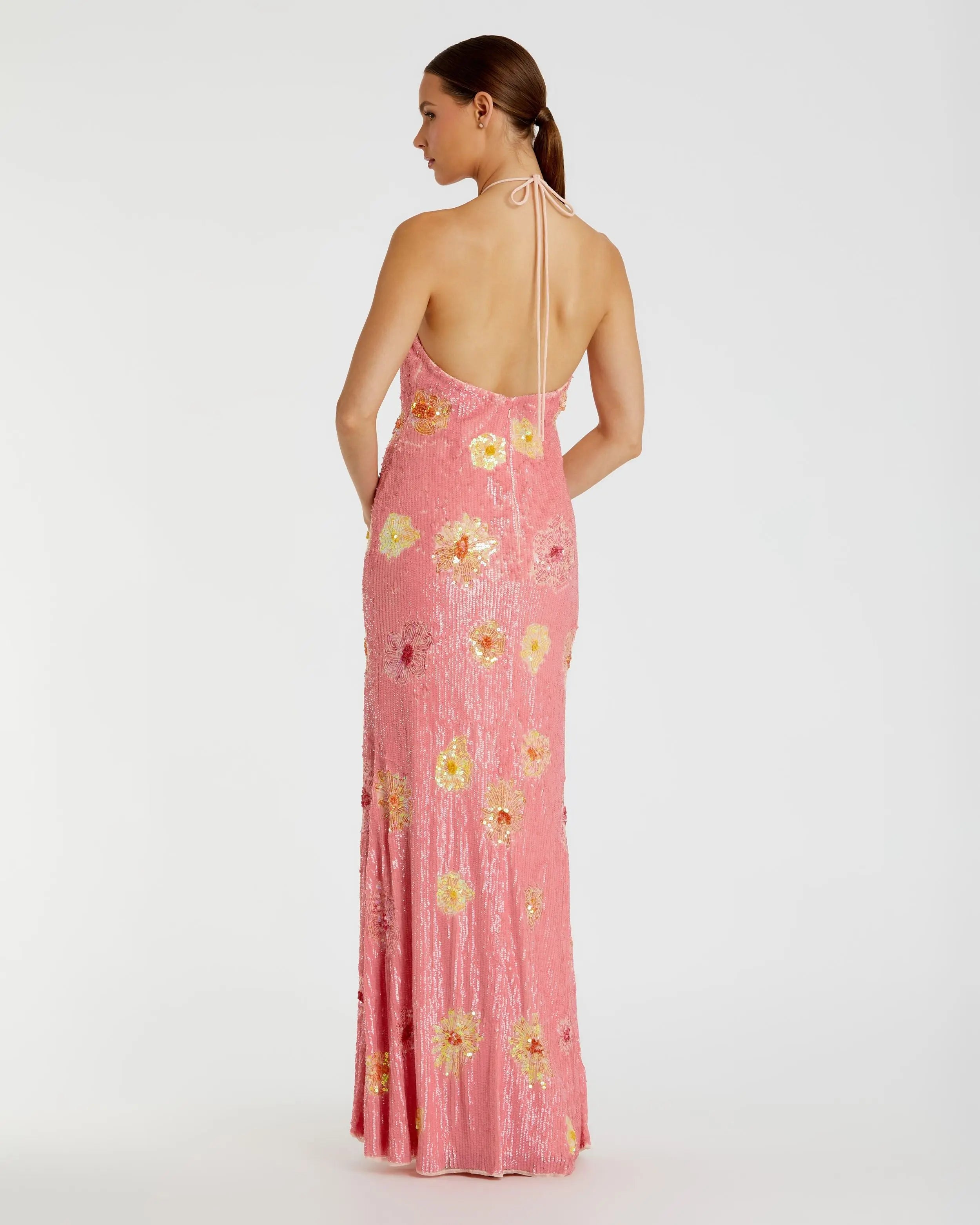 Pink Floral Beaded Halter Gown with 3D Flower-Myartka