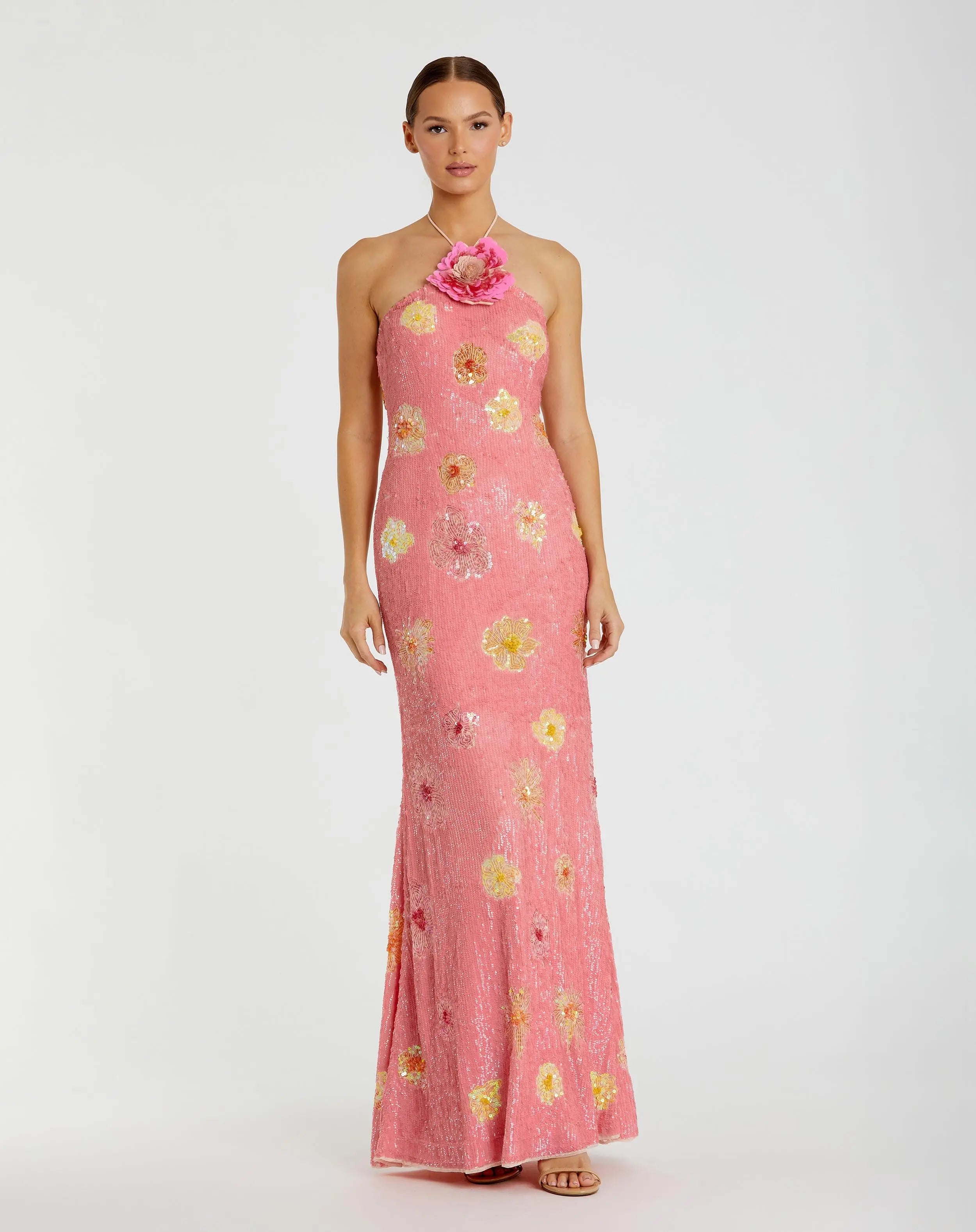 Pink Floral Beaded Halter Gown with 3D Flower-Myartka
