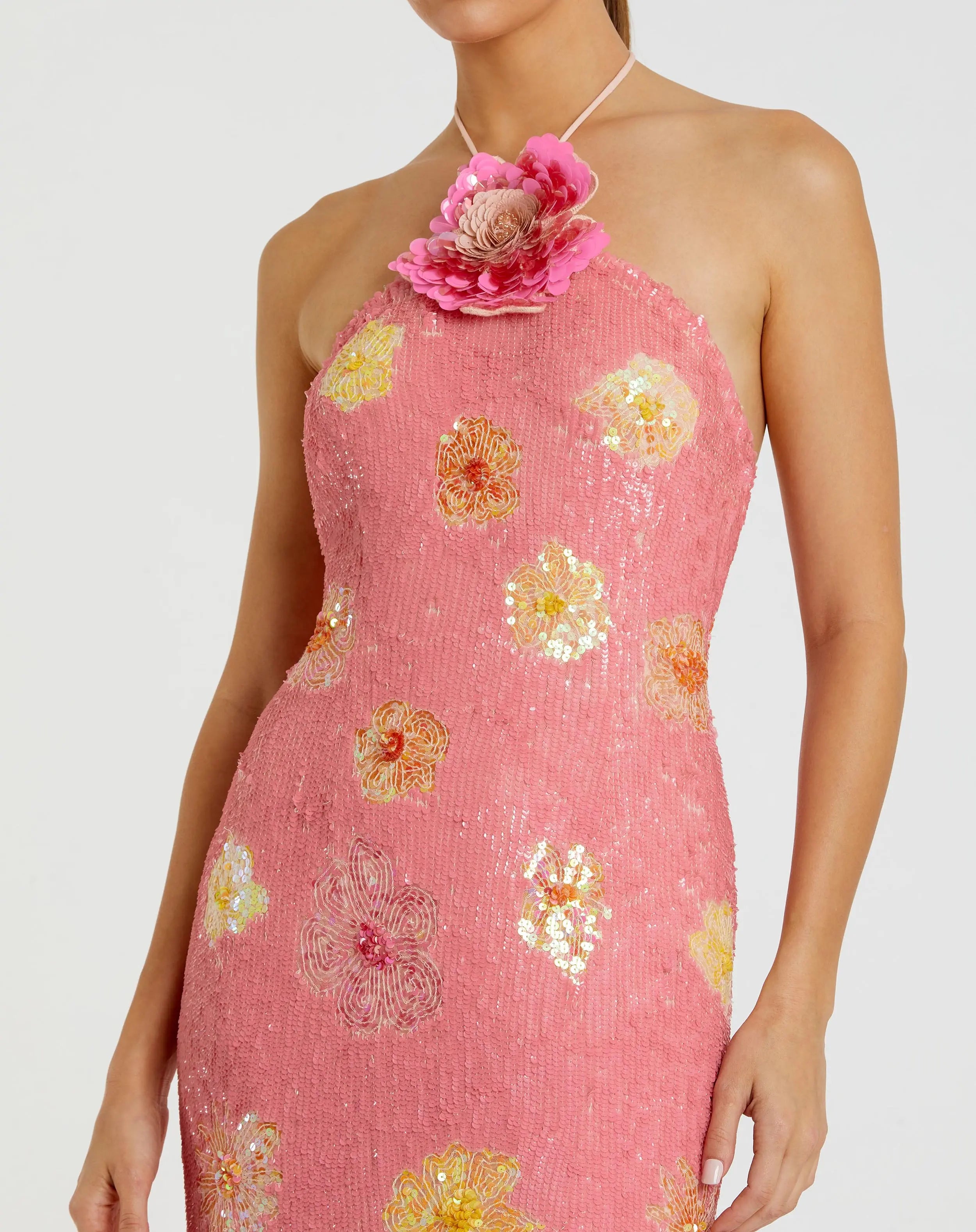 Pink Floral Beaded Halter Gown with 3D Flower-Myartka