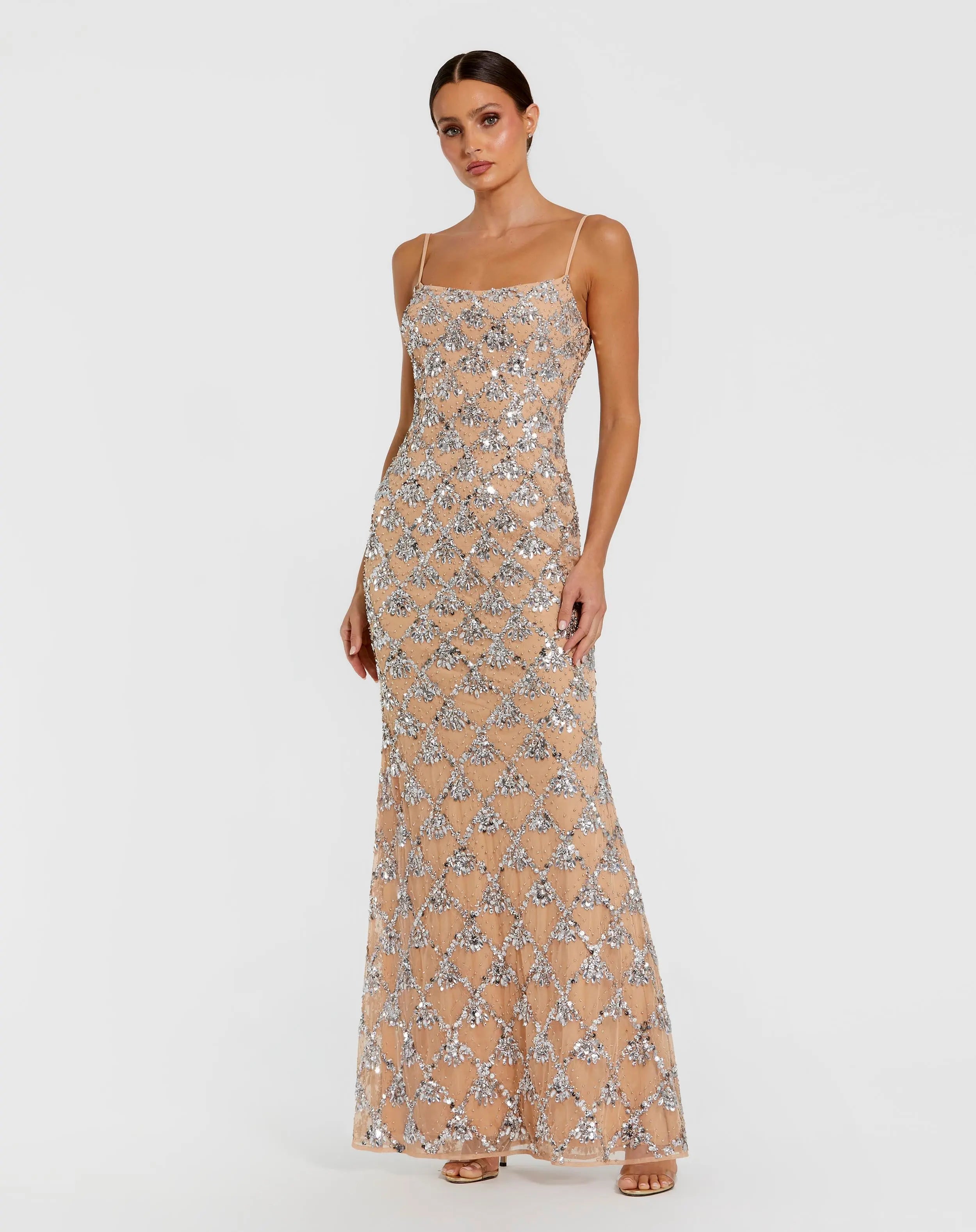 Nude Sleeveless Rhinestone Embellished Gown-Myartka