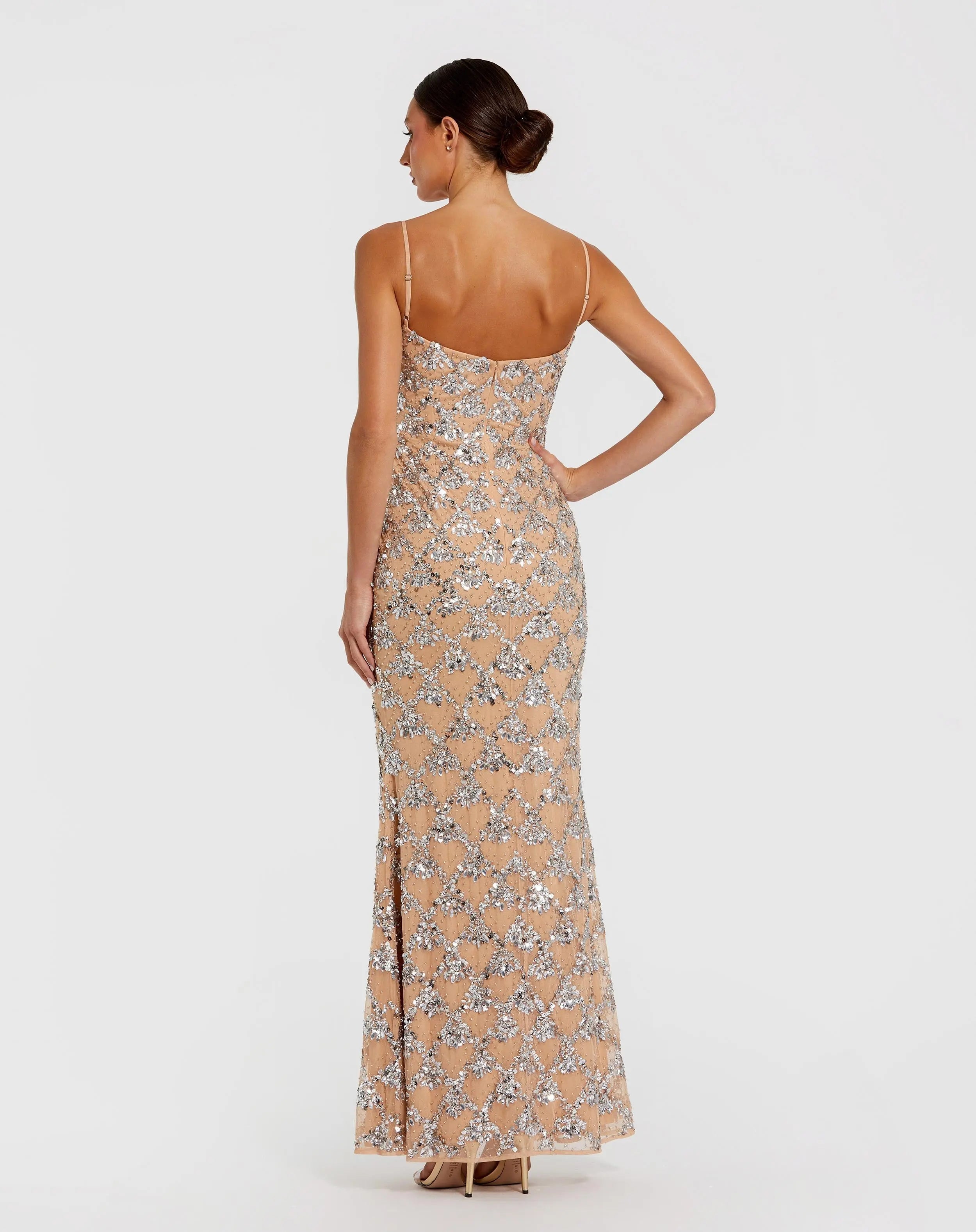Nude Sleeveless Rhinestone Embellished Gown-Myartka