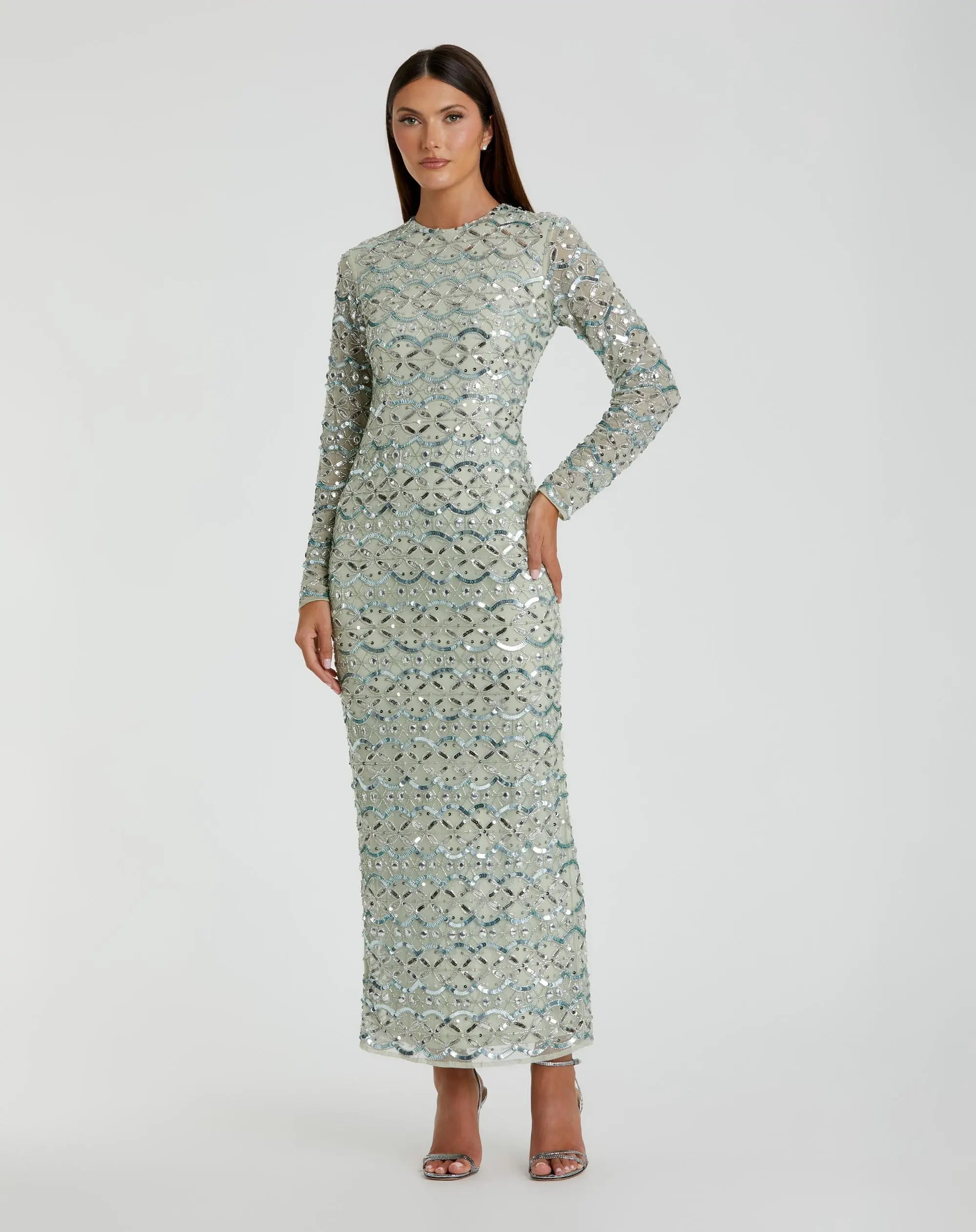 Green High Neck Long Sleeve Embellished Dress-Myartka