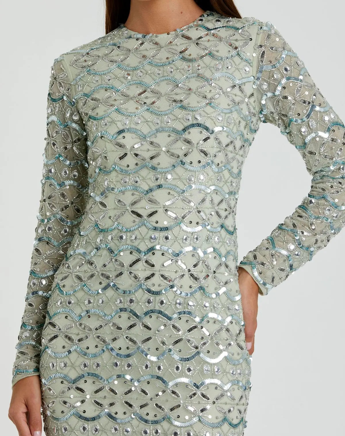 Green High Neck Long Sleeve Embellished Dress-Myartka