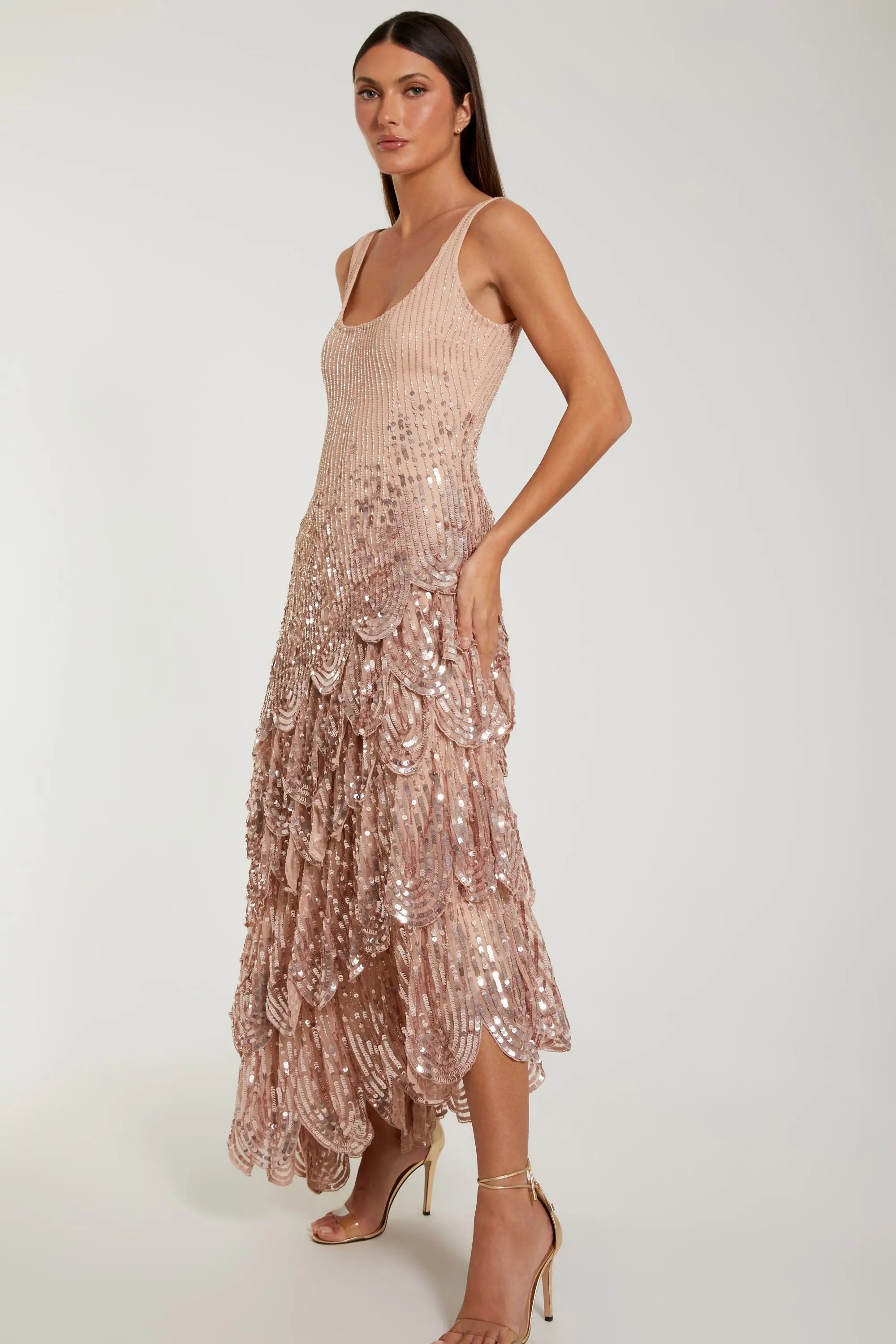 Pink Asymmetrical Scallop Hem Embellished Dress-Myartka