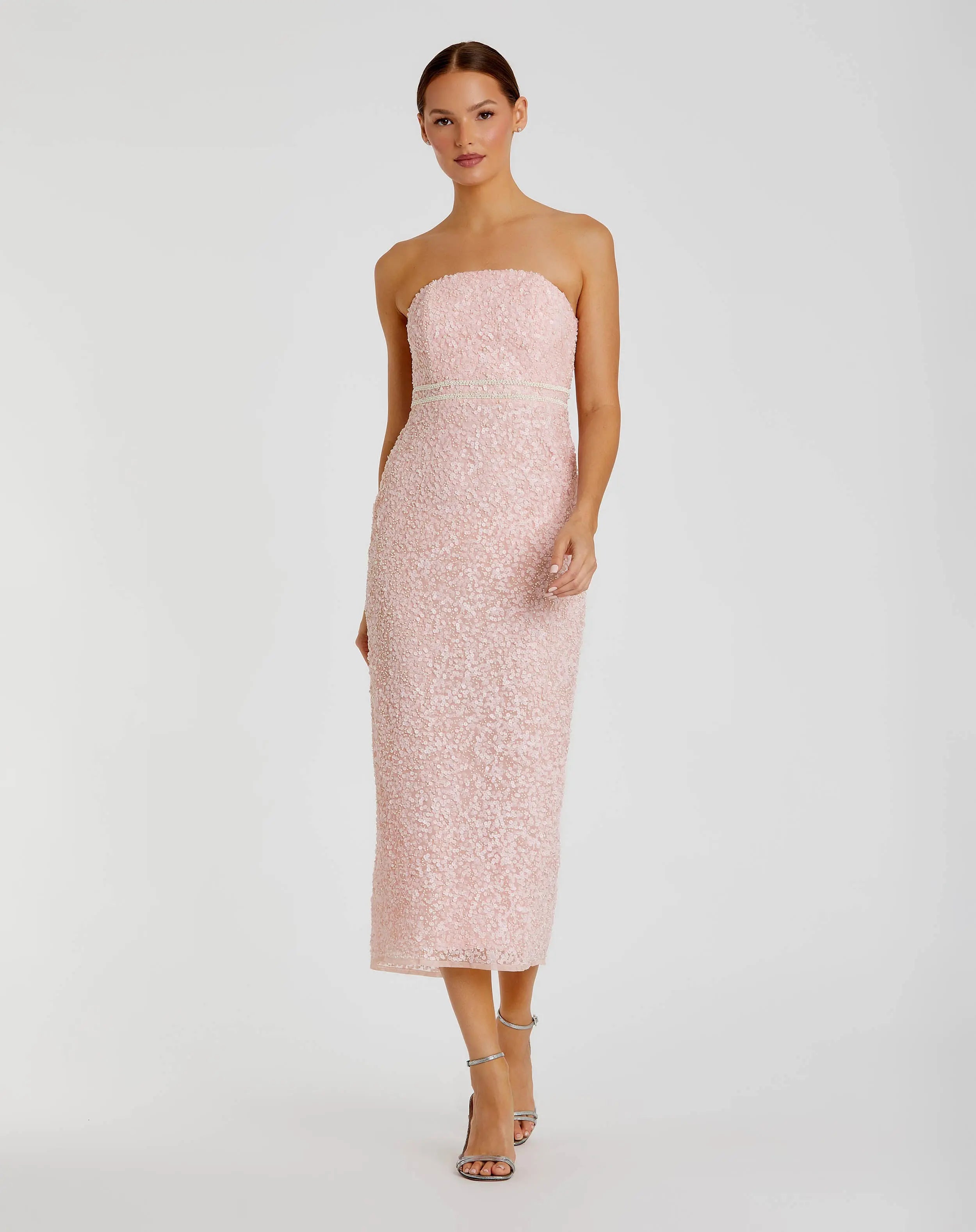 Pink Pearl Embellished Strapless Midi Dress-Myartka
