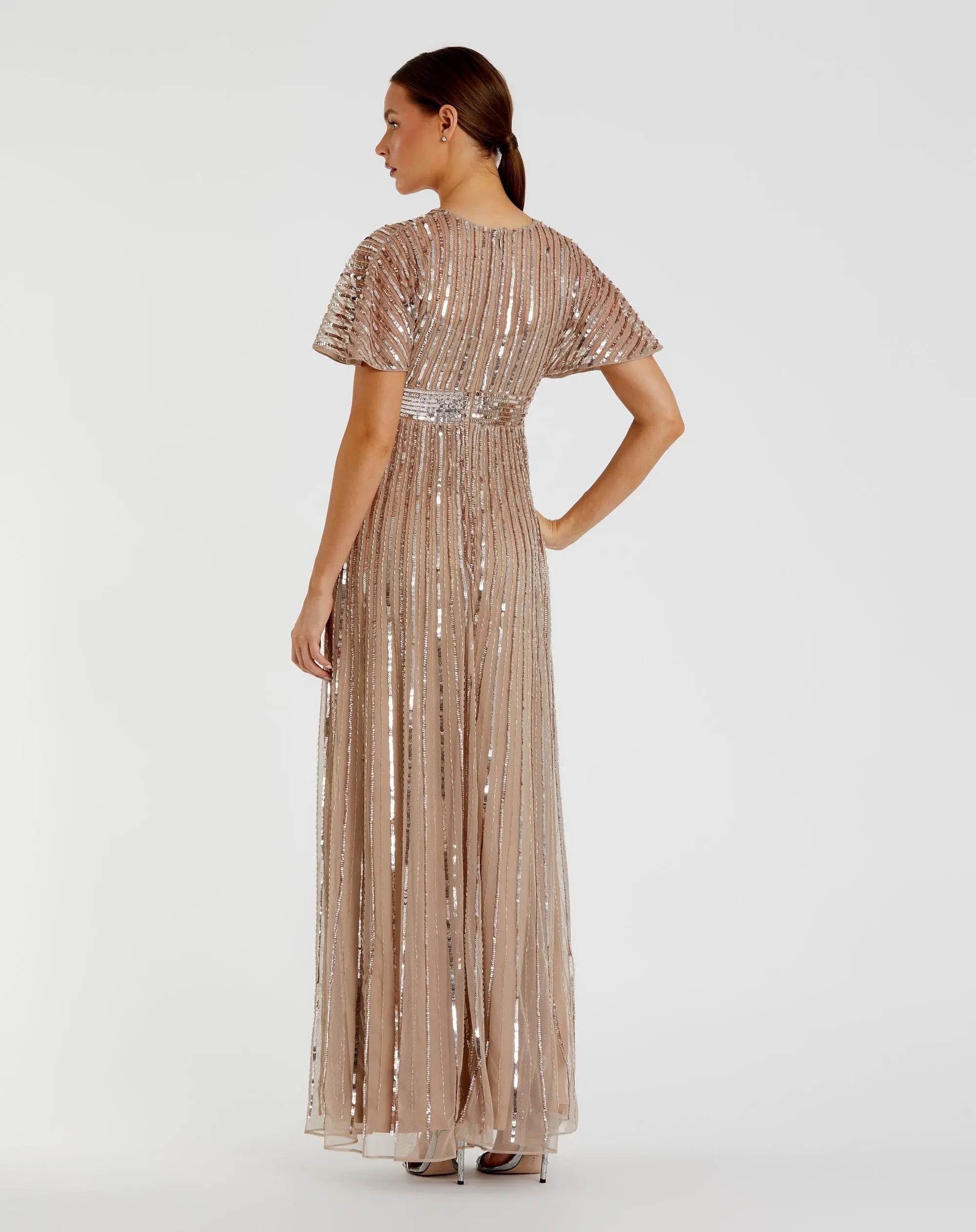 Beige Embellished Short Sleeve Empire Waist Gown-Myartka