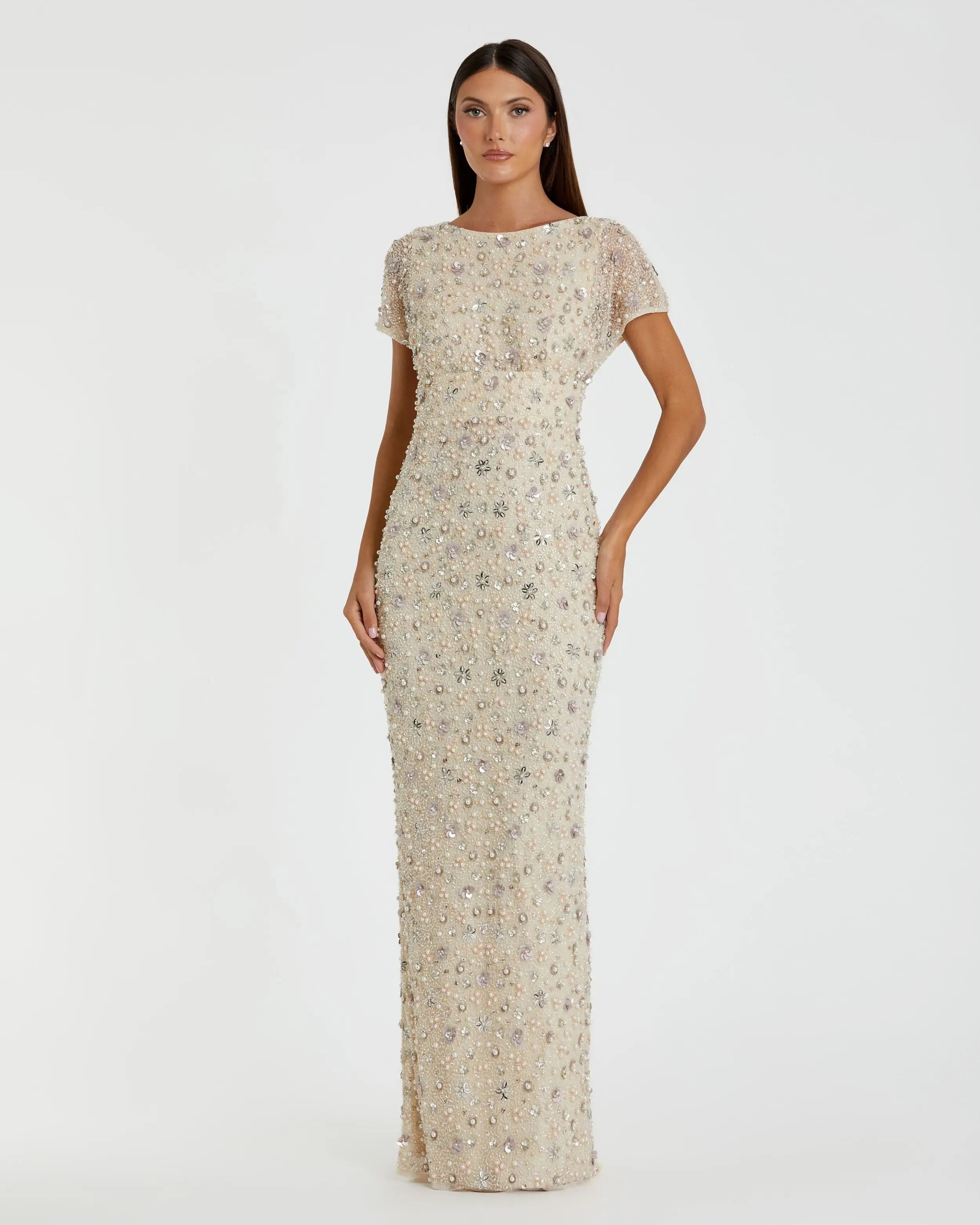Ivory Floral Embellished Mesh Fitted Column Gown-Myartka