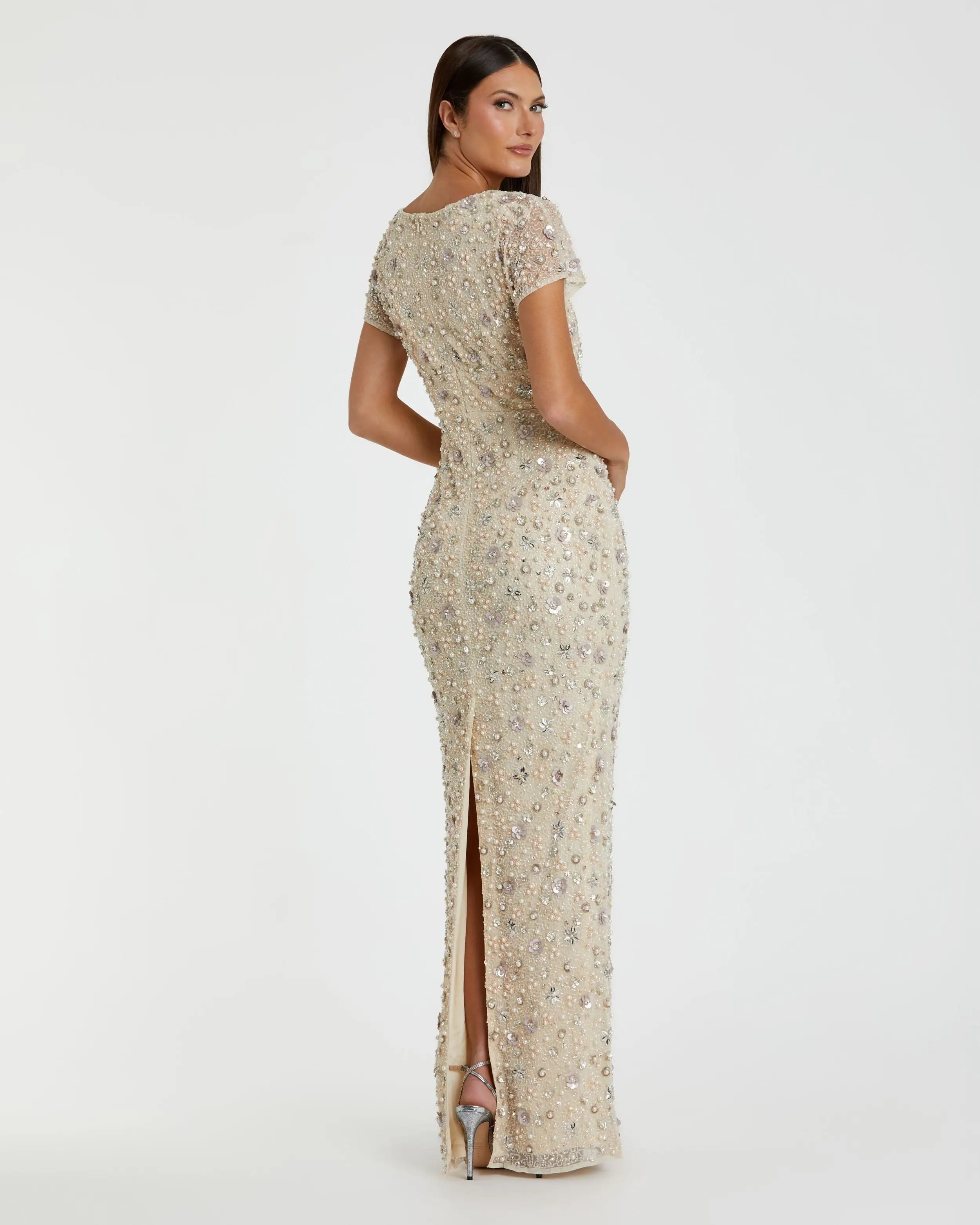 Ivory Floral Embellished Mesh Fitted Column Gown-Myartka