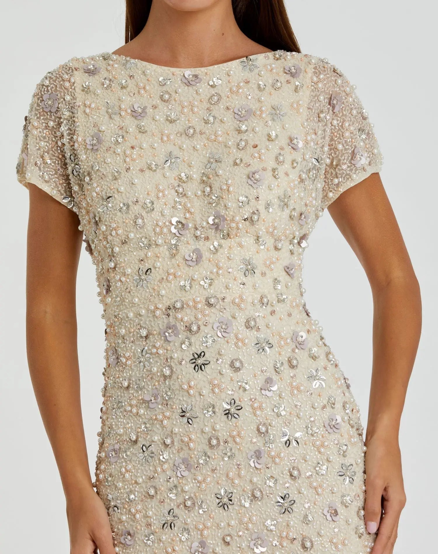 Ivory Floral Embellished Mesh Fitted Column Gown-Myartka