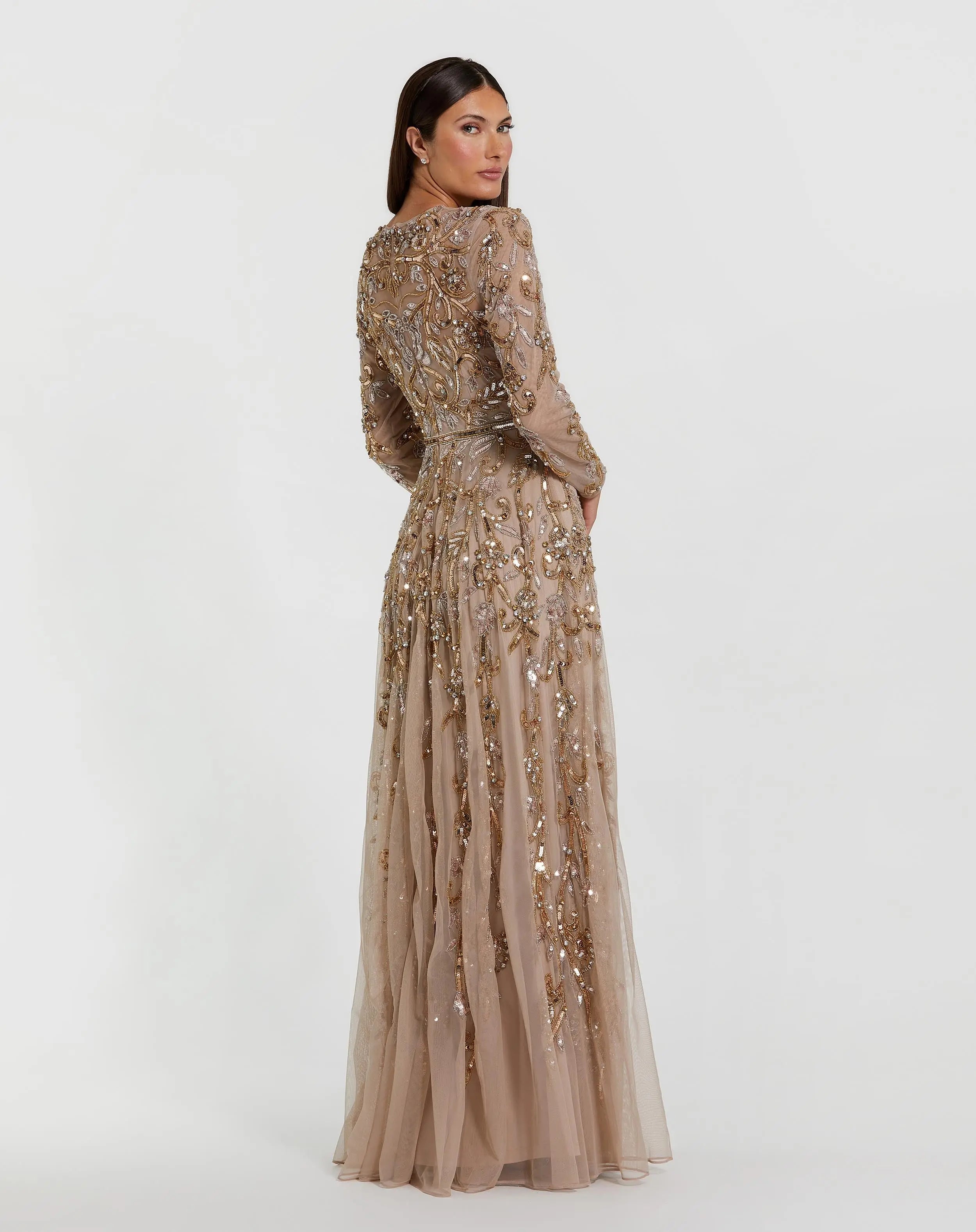 Beige Long Sleeve Hand Embellished Gown-Myartka
