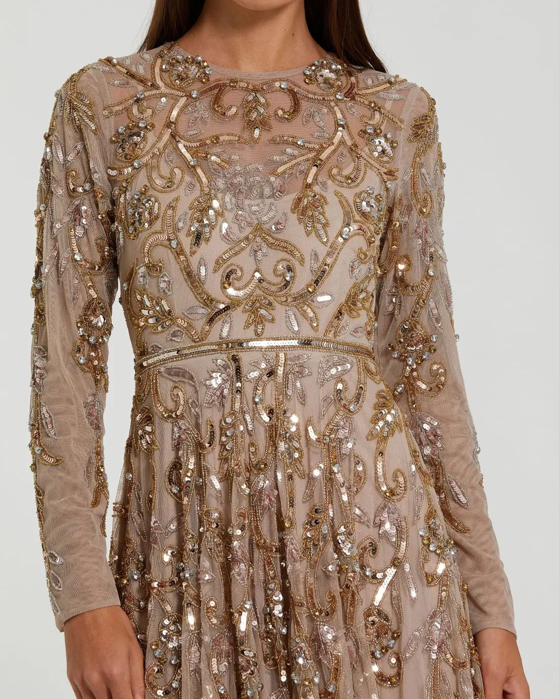 Beige Long Sleeve Hand Embellished Gown-Myartka