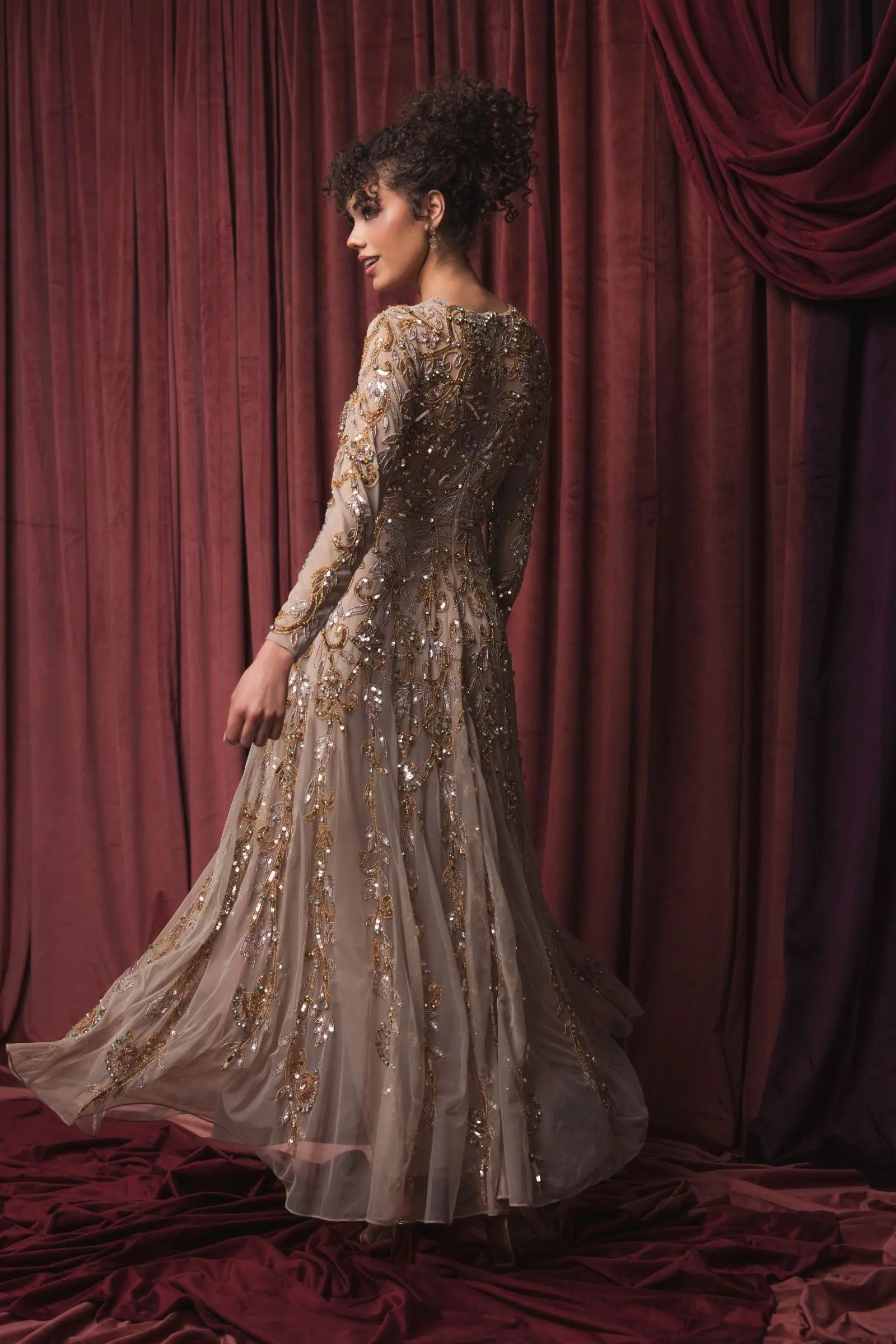 Beige Long Sleeve Hand Embellished Gown-Myartka
