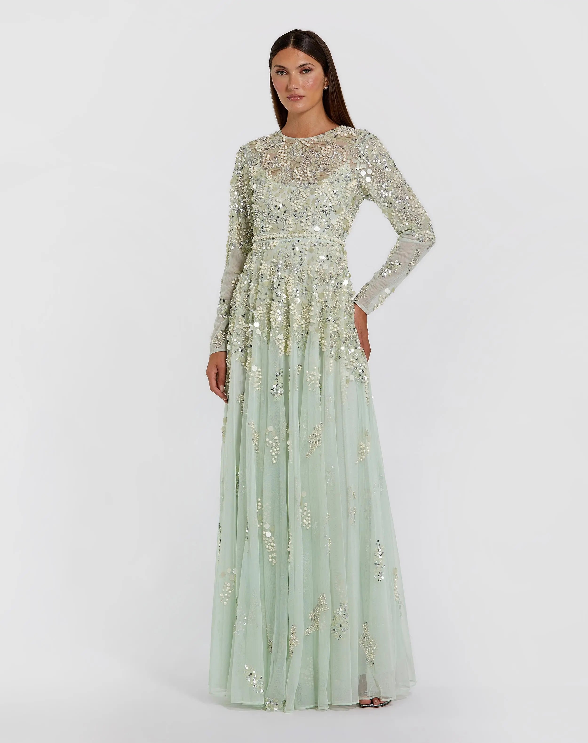 Green Long Sleeve Sequin Pearl Embellished Gown-Myartka