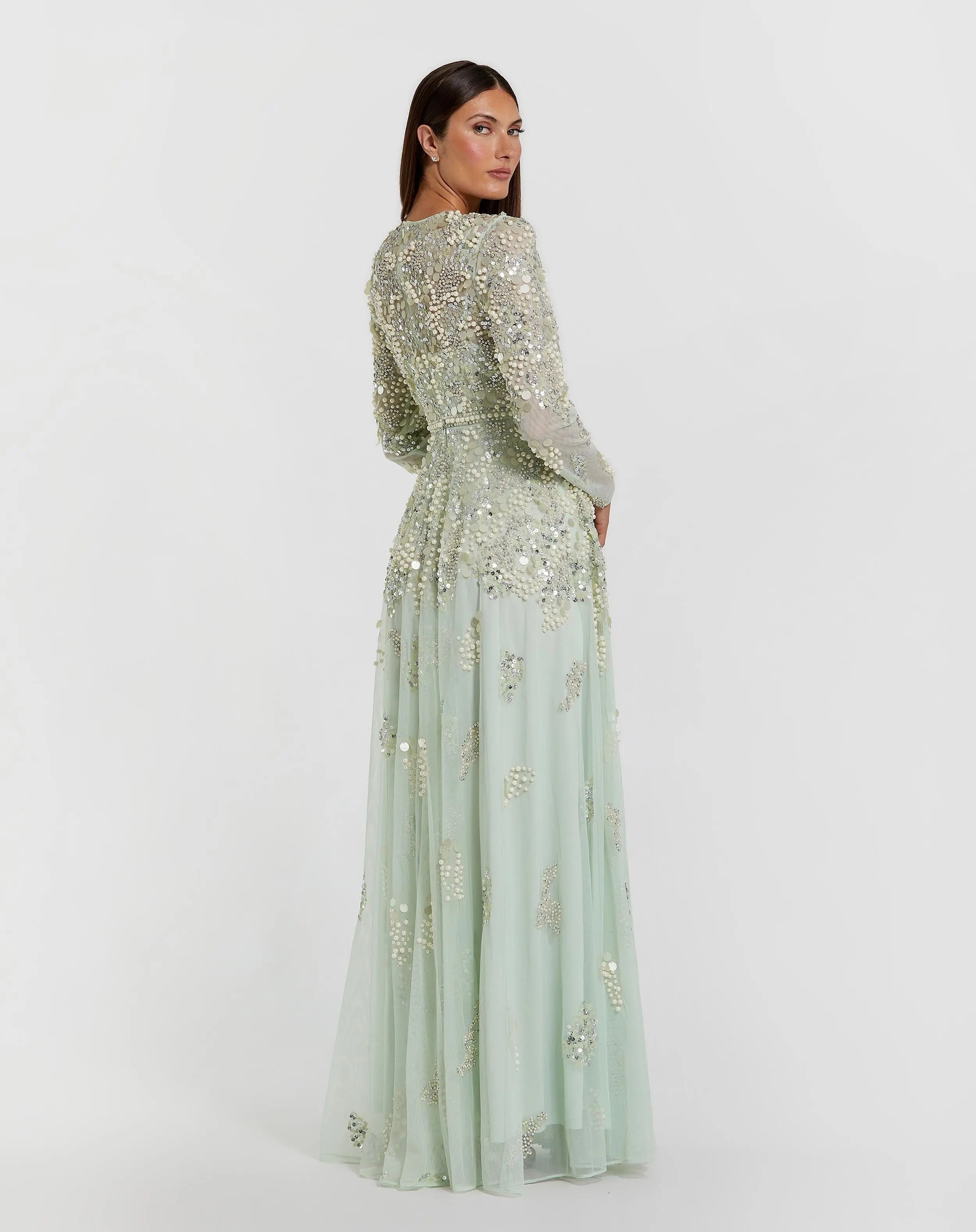 Green Long Sleeve Sequin Pearl Embellished Gown-Myartka