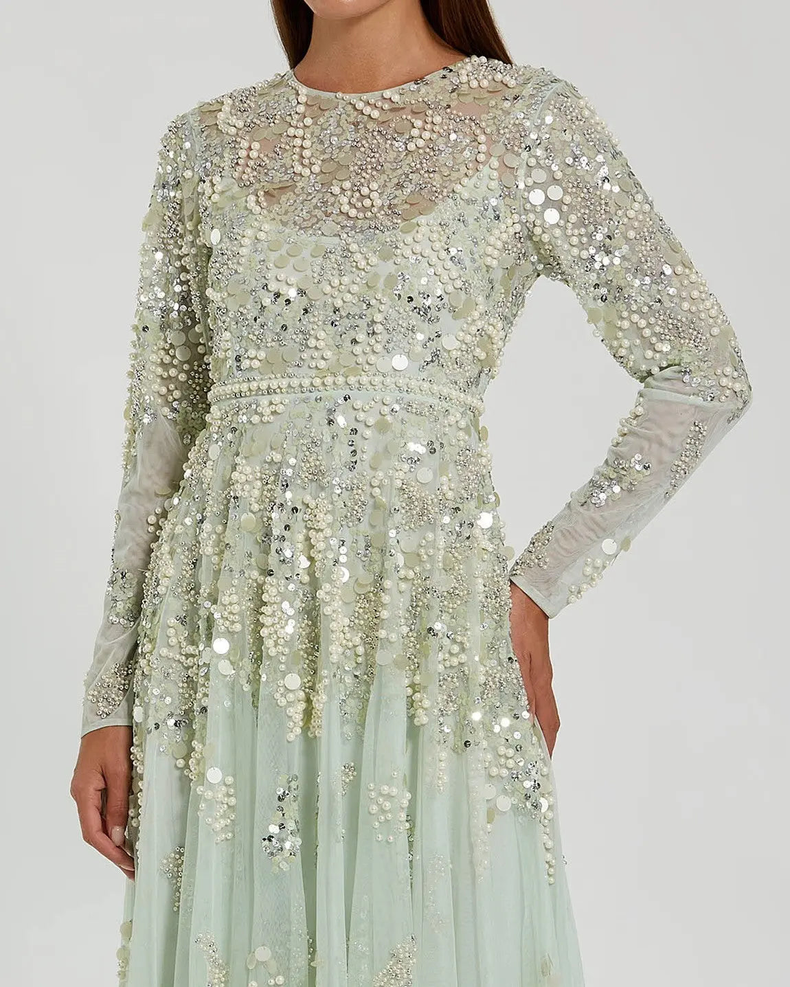 Green Long Sleeve Sequin Pearl Embellished Gown-Myartka