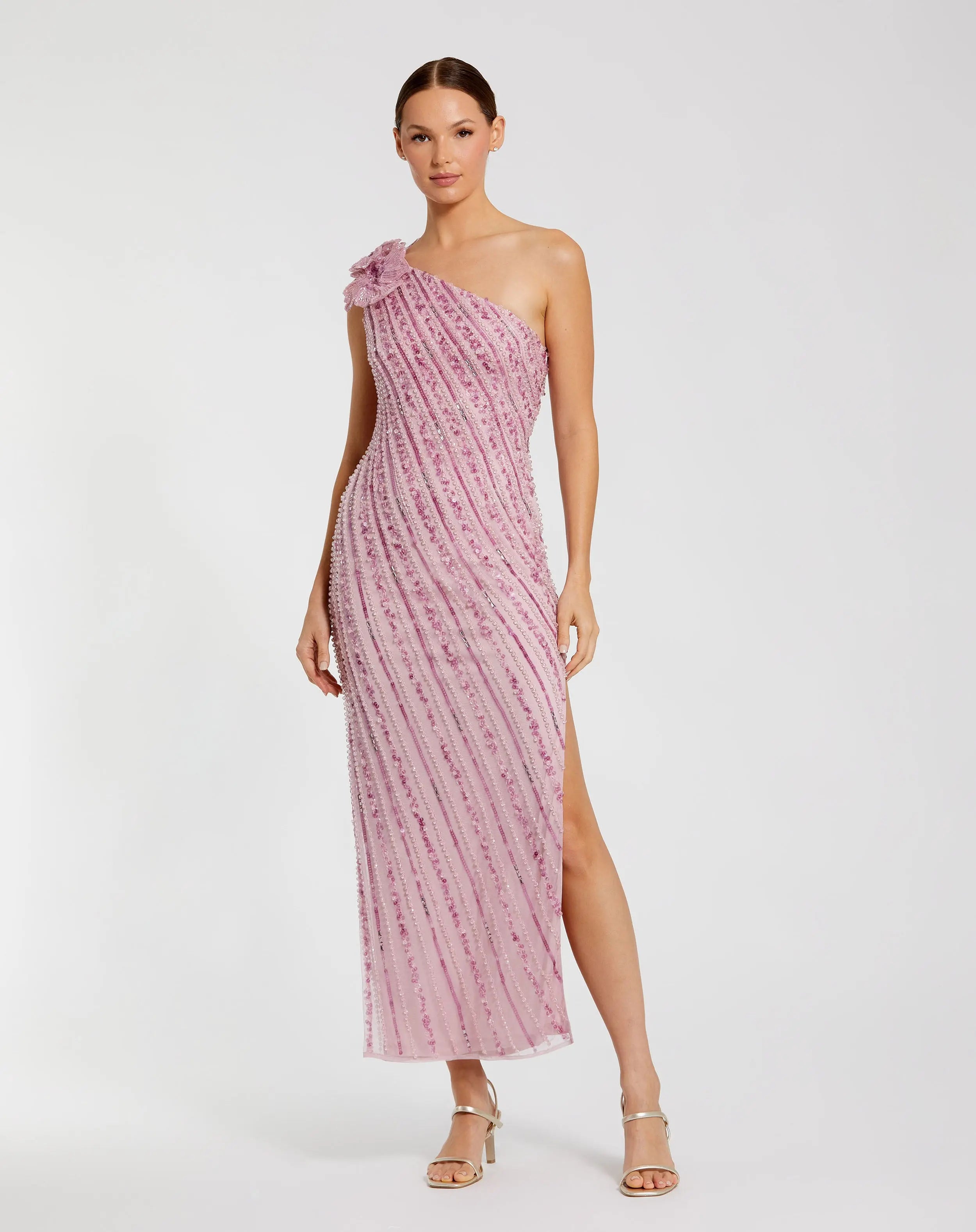 Pink One Shoulder Beaded Mesh Dress With Flower-Myartka