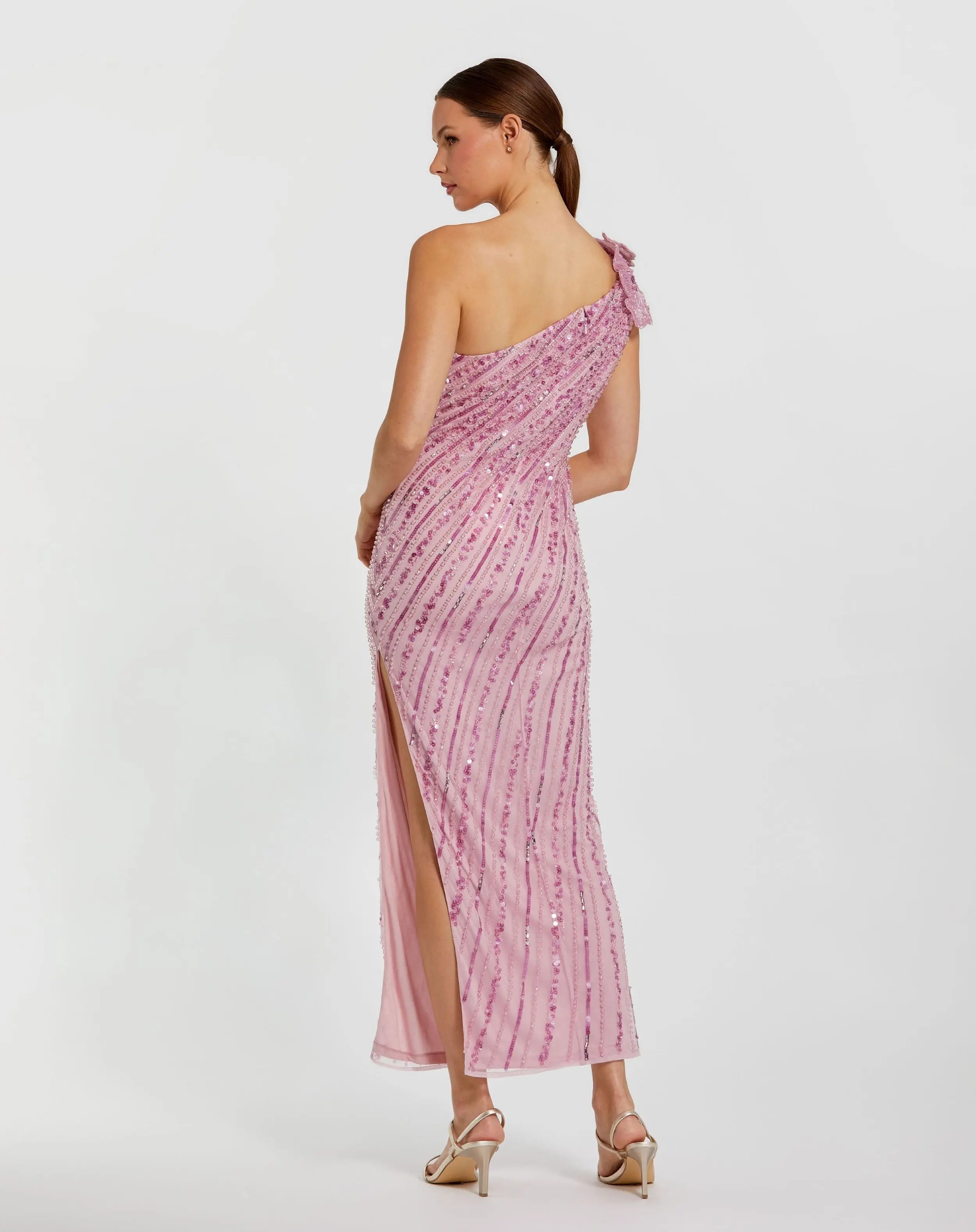 Pink One Shoulder Beaded Mesh Dress With Flower-Myartka