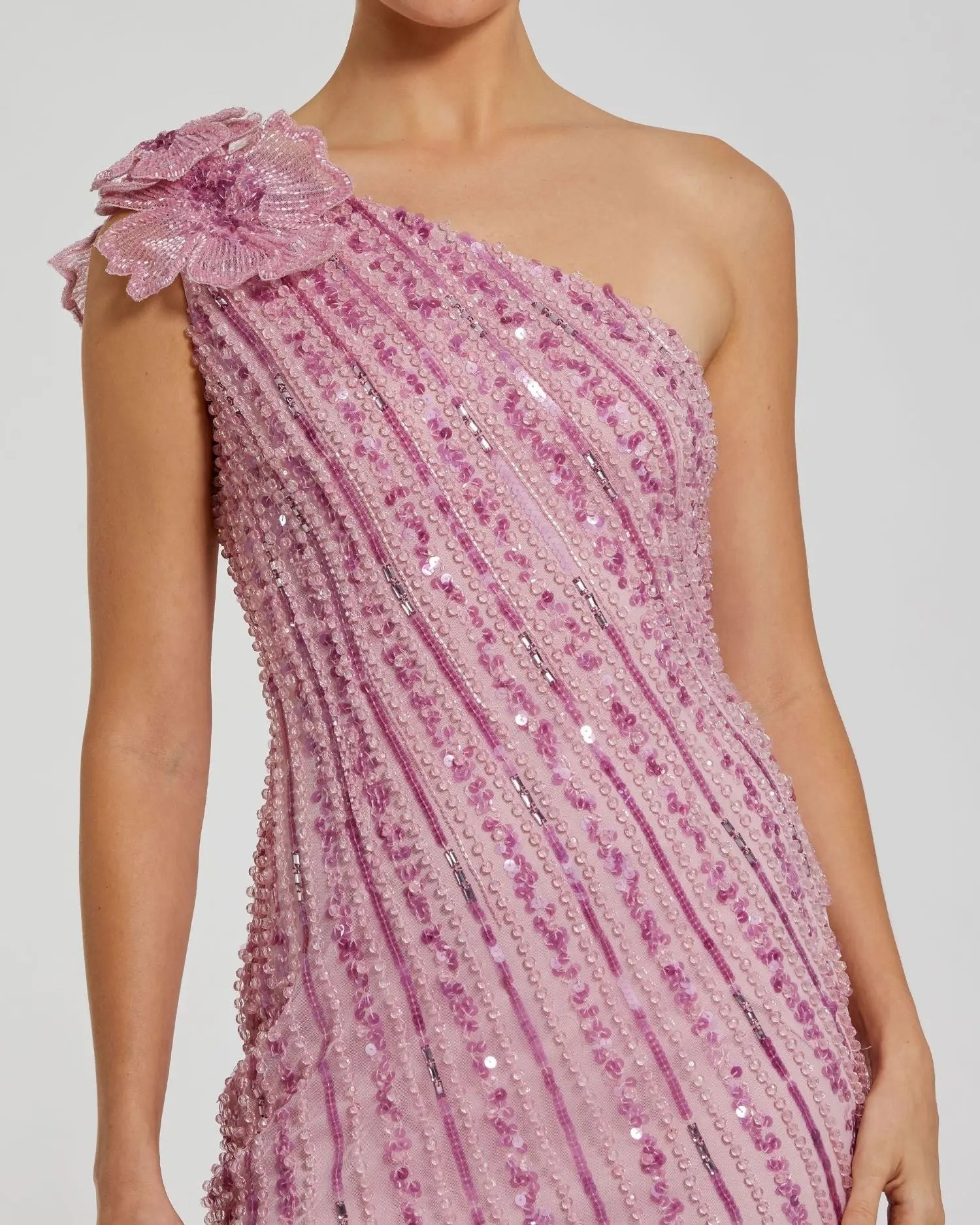 Pink One Shoulder Beaded Mesh Dress With Flower-Myartka