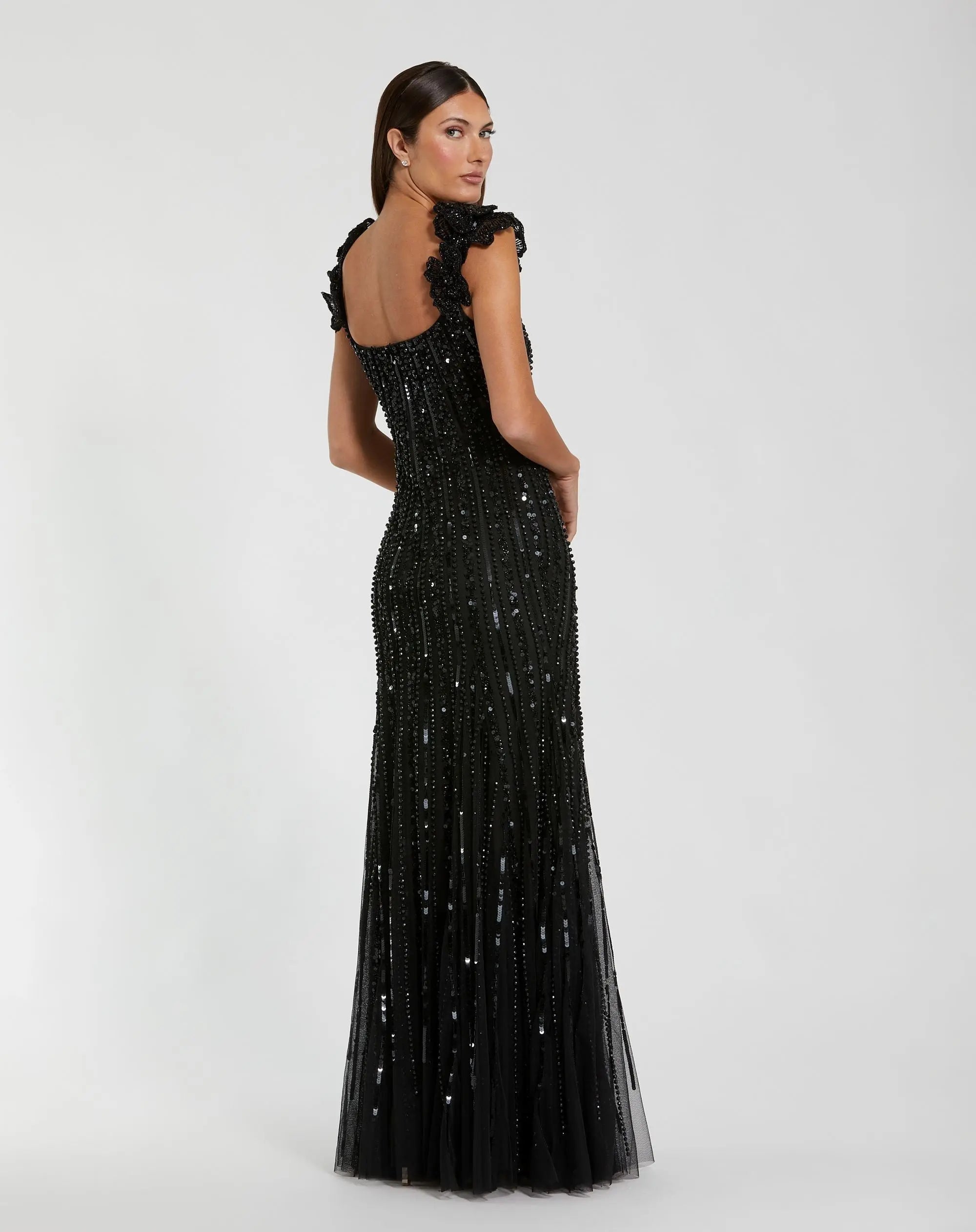 Black Embellished Sleeveless Gown With Floral Shoulder Detail-Myartka