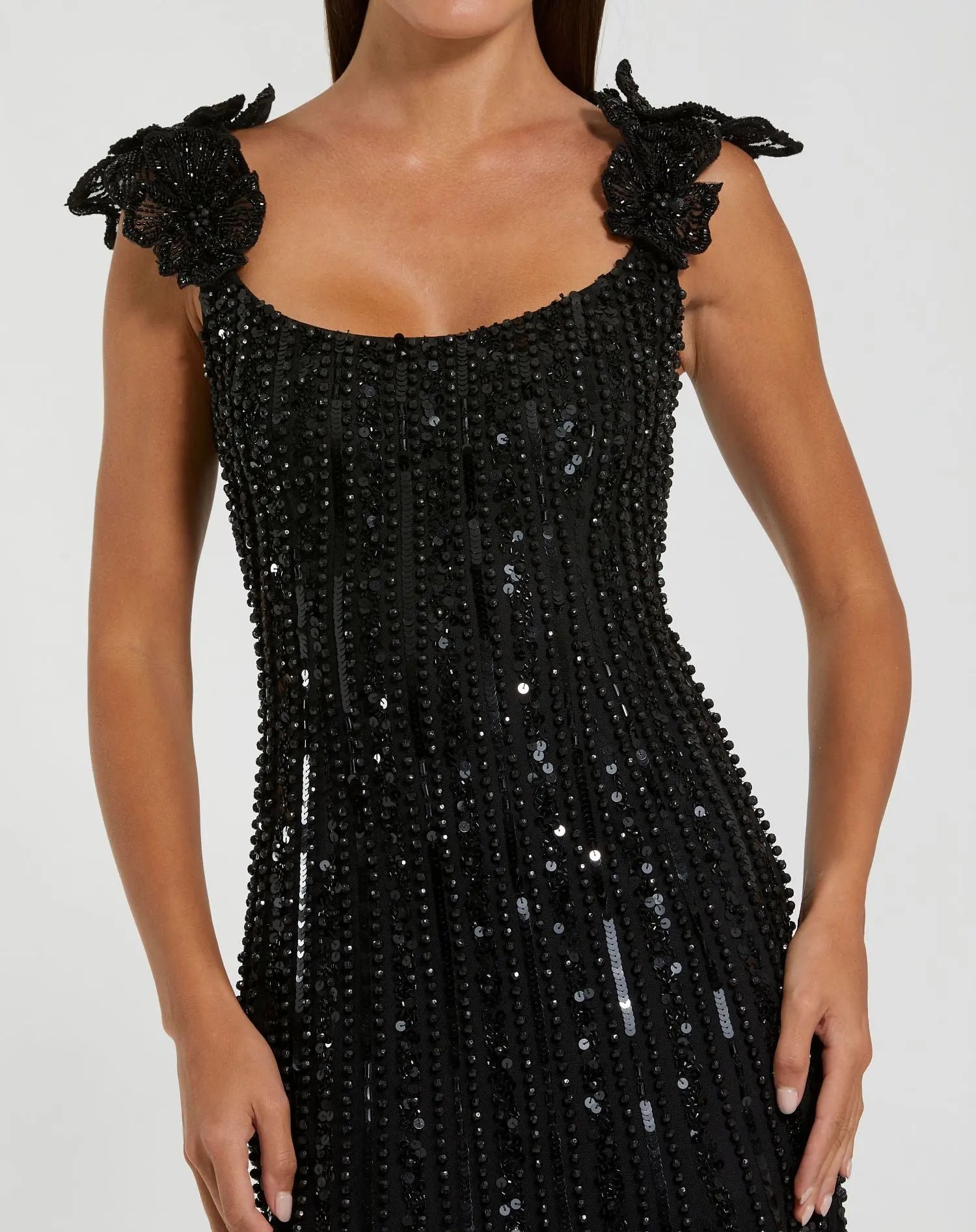 Black Embellished Sleeveless Gown With Floral Shoulder Detail-Myartka