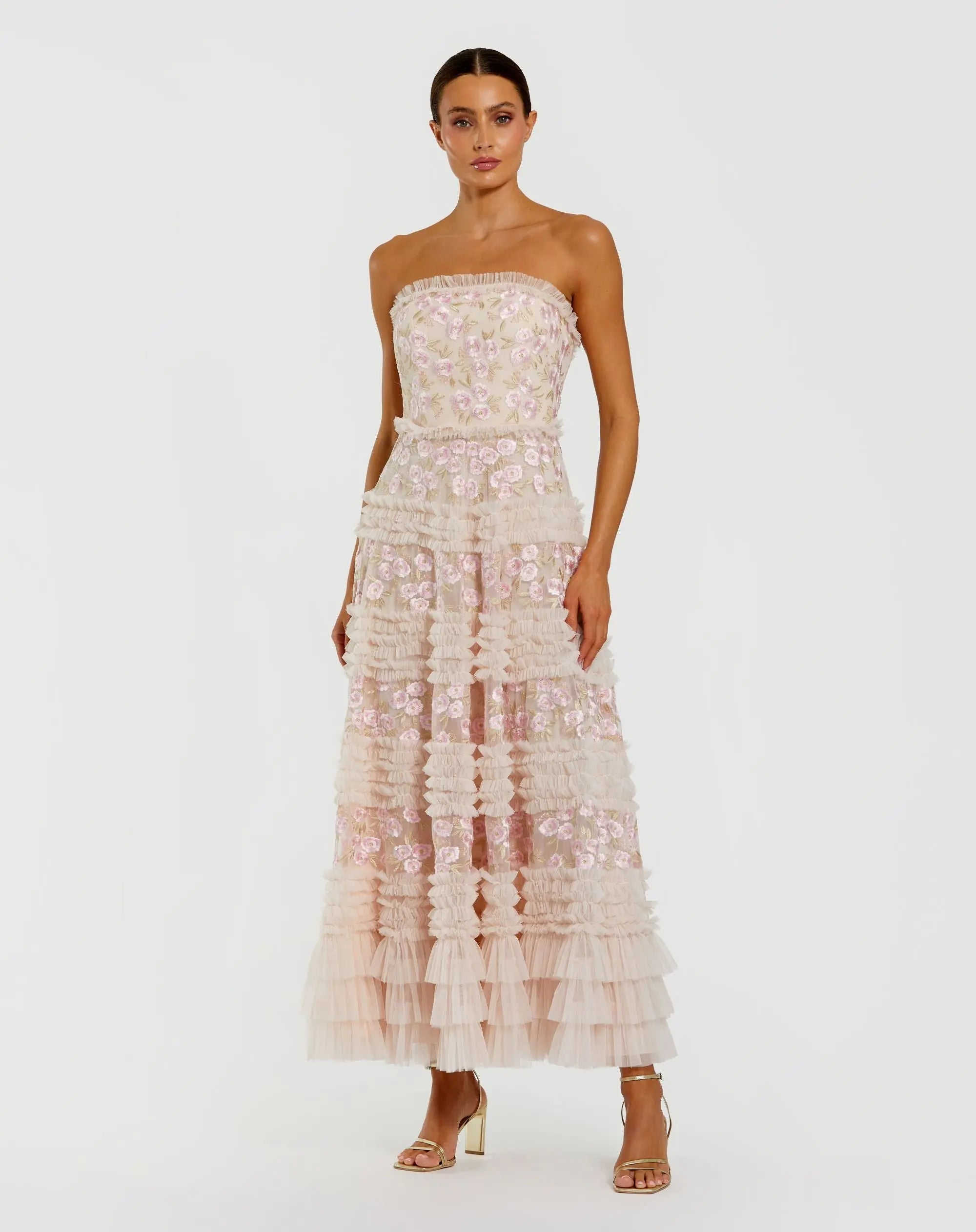 Pink Floral Embroidered Strapless Ruffle Maxi Dress-Myartka