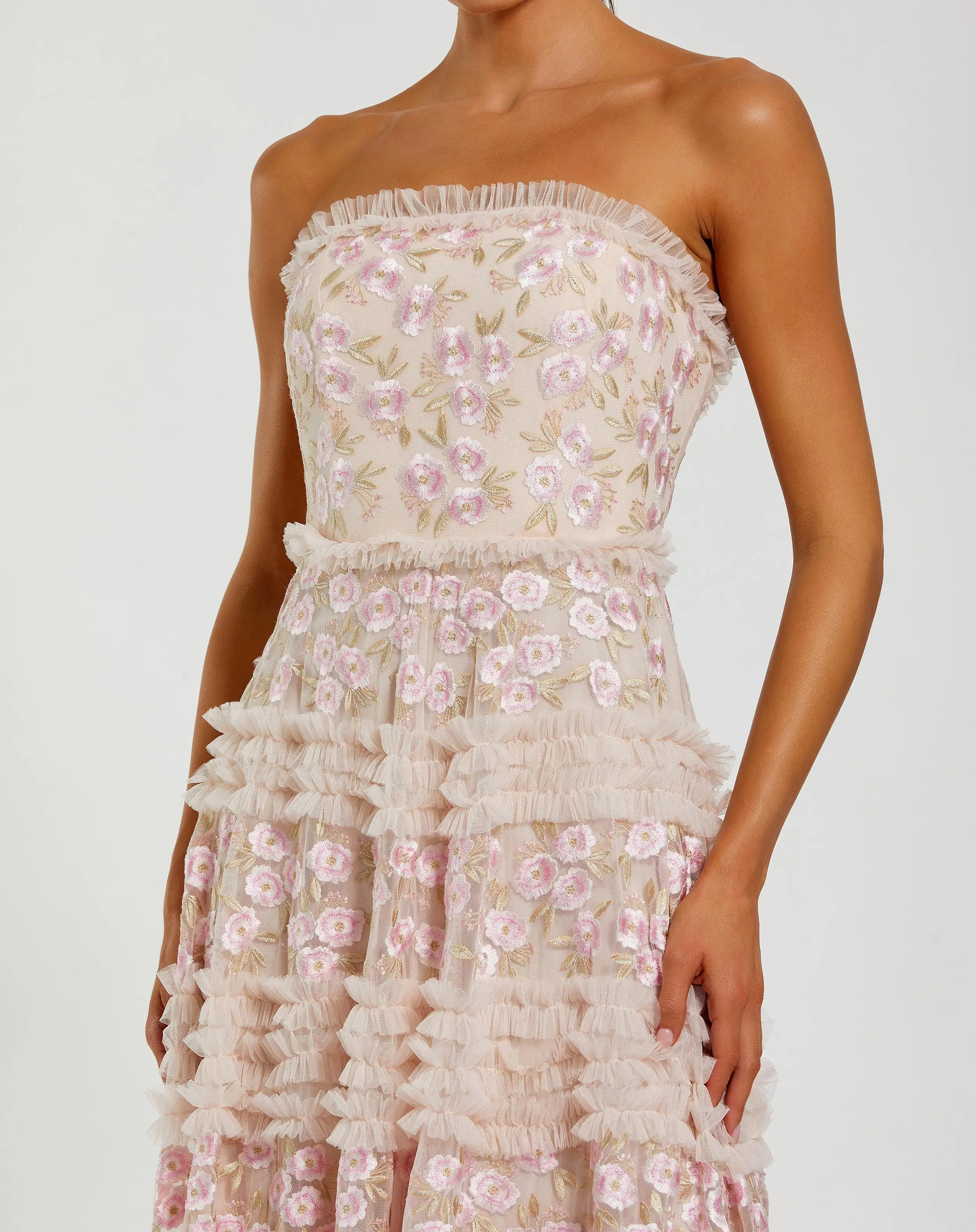 Pink Floral Embroidered Strapless Ruffle Maxi Dress-Myartka