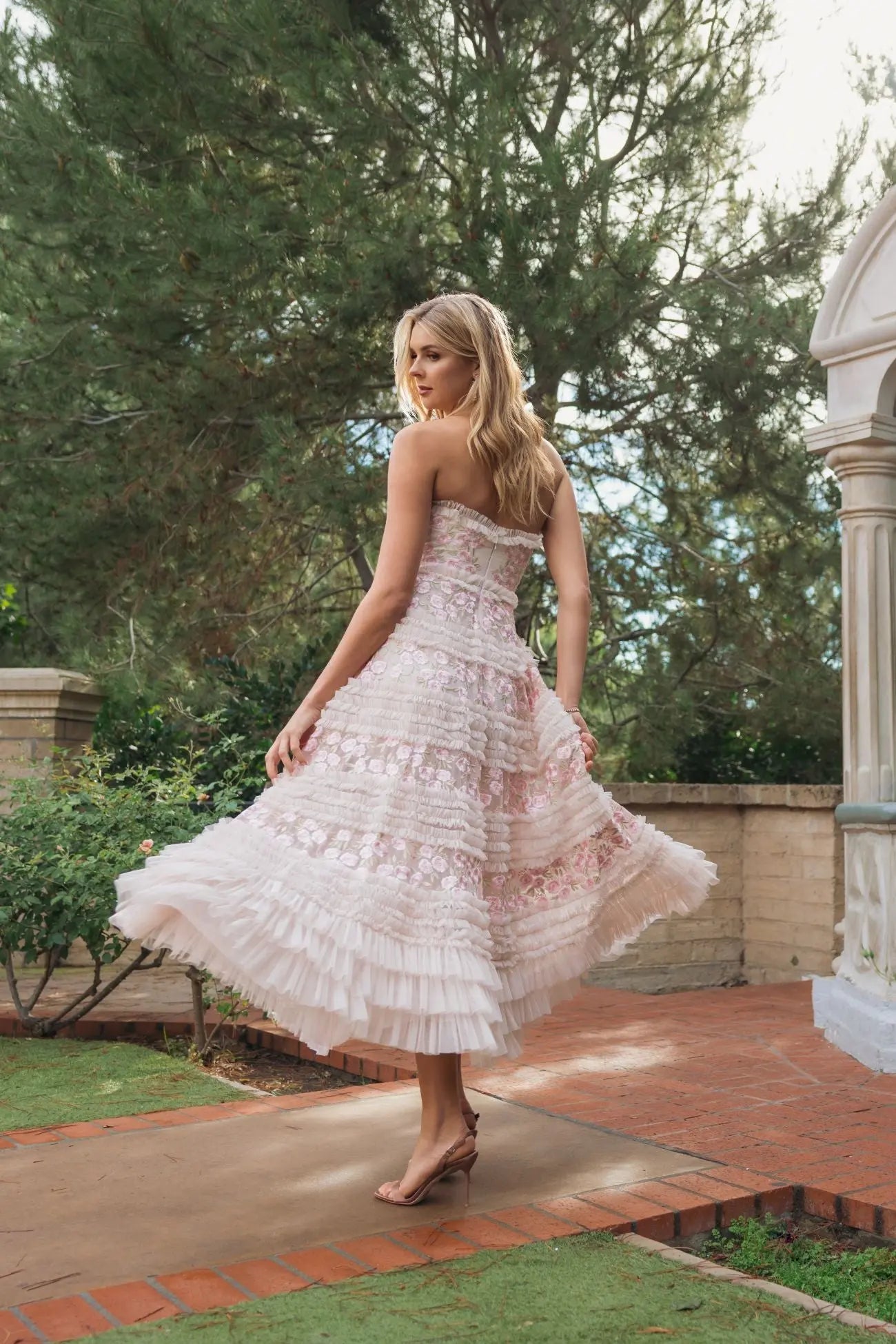 Pink Floral Embroidered Strapless Ruffle Maxi Dress-Myartka