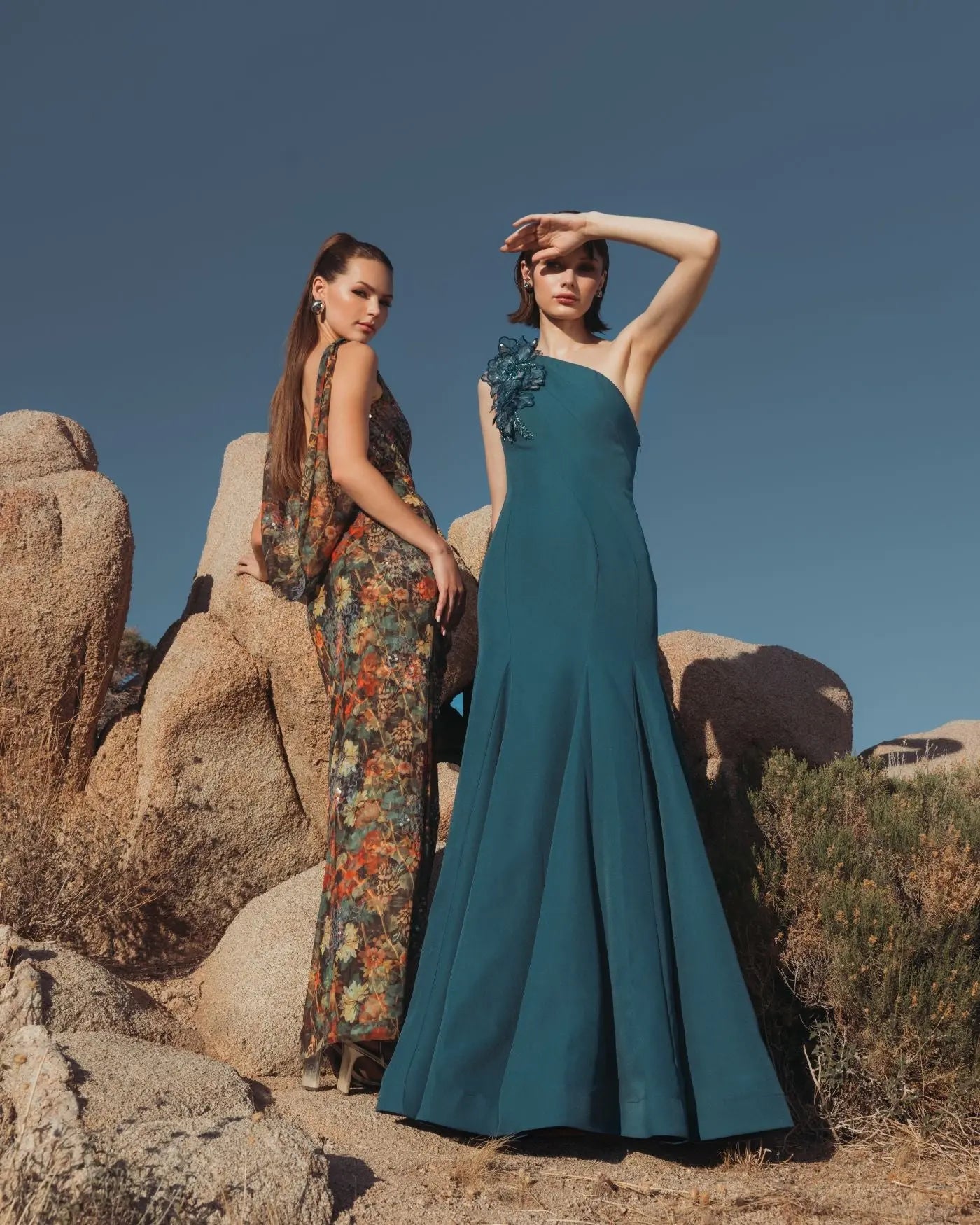 Blue One Shoulder Mermaid Gown with 3D Flowers-Myartka