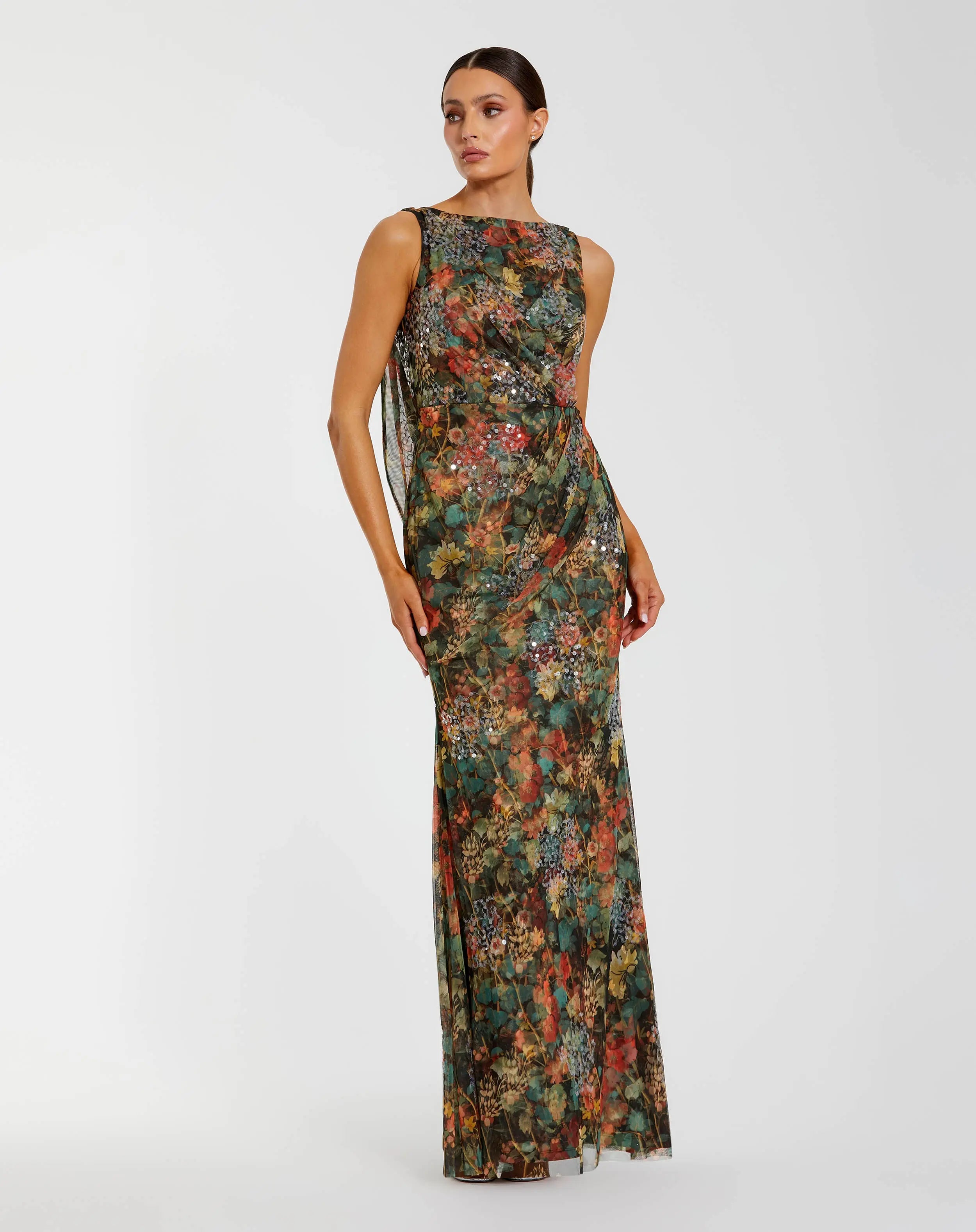 Multicolor Floral Embellished Column Gown-Myartka