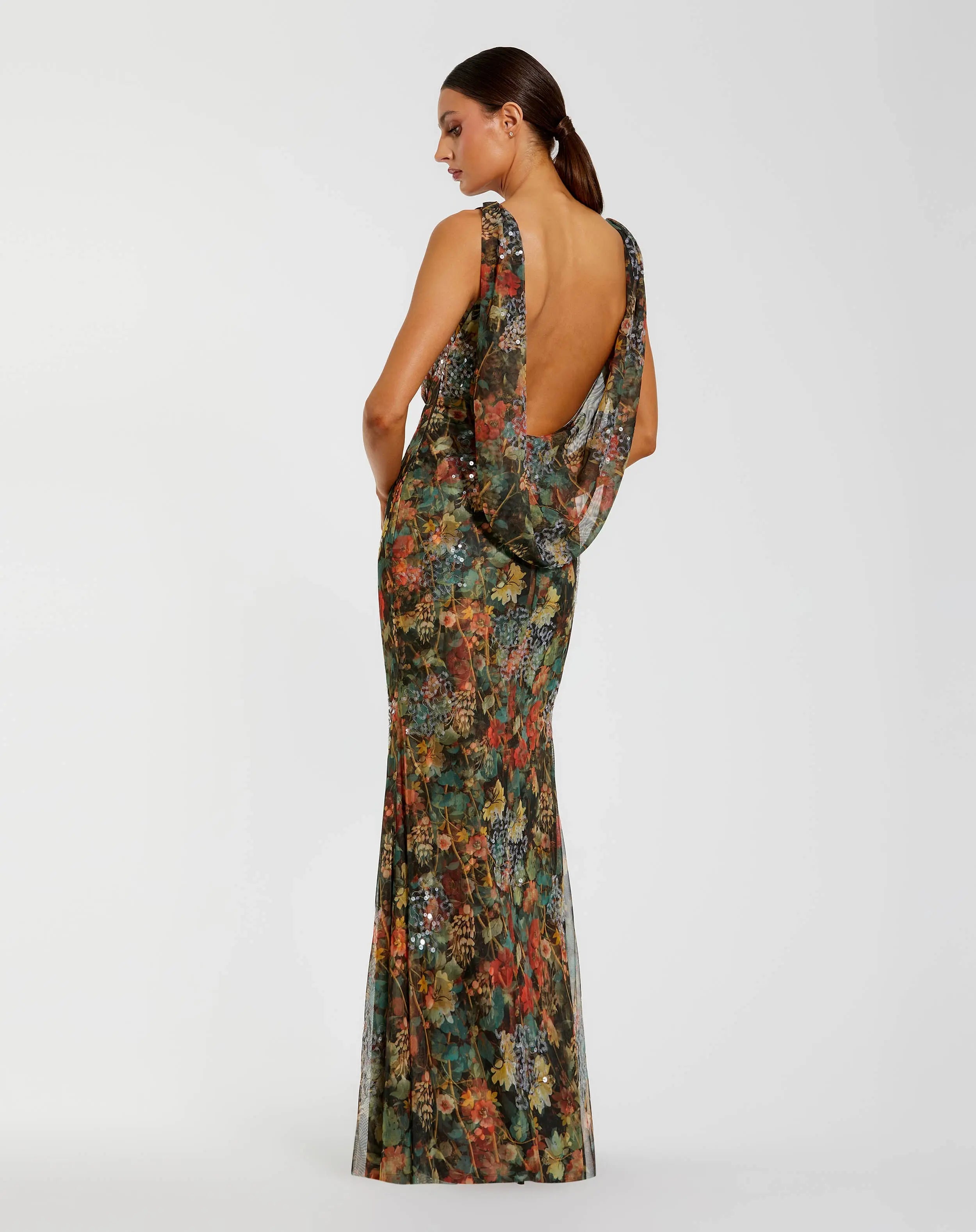 Multicolor Floral Embellished Column Gown-Myartka
