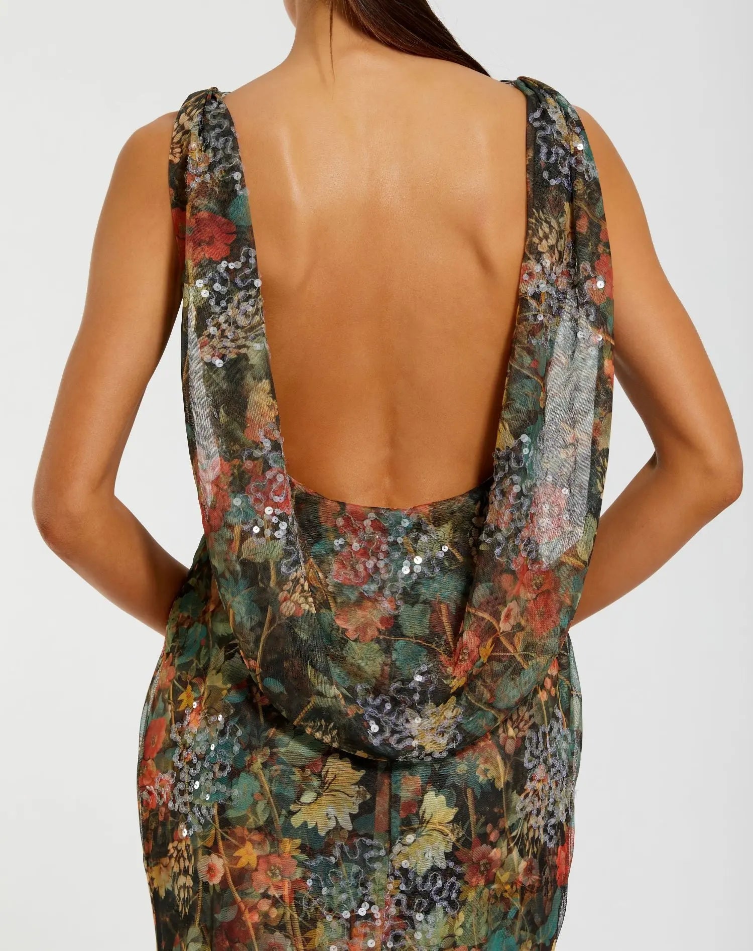 Multicolor Floral Embellished Column Gown-Myartka