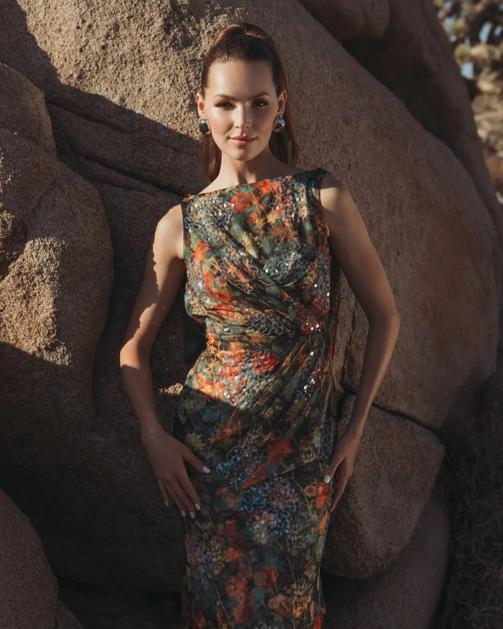 Multicolor Floral Embellished Column Gown-Myartka