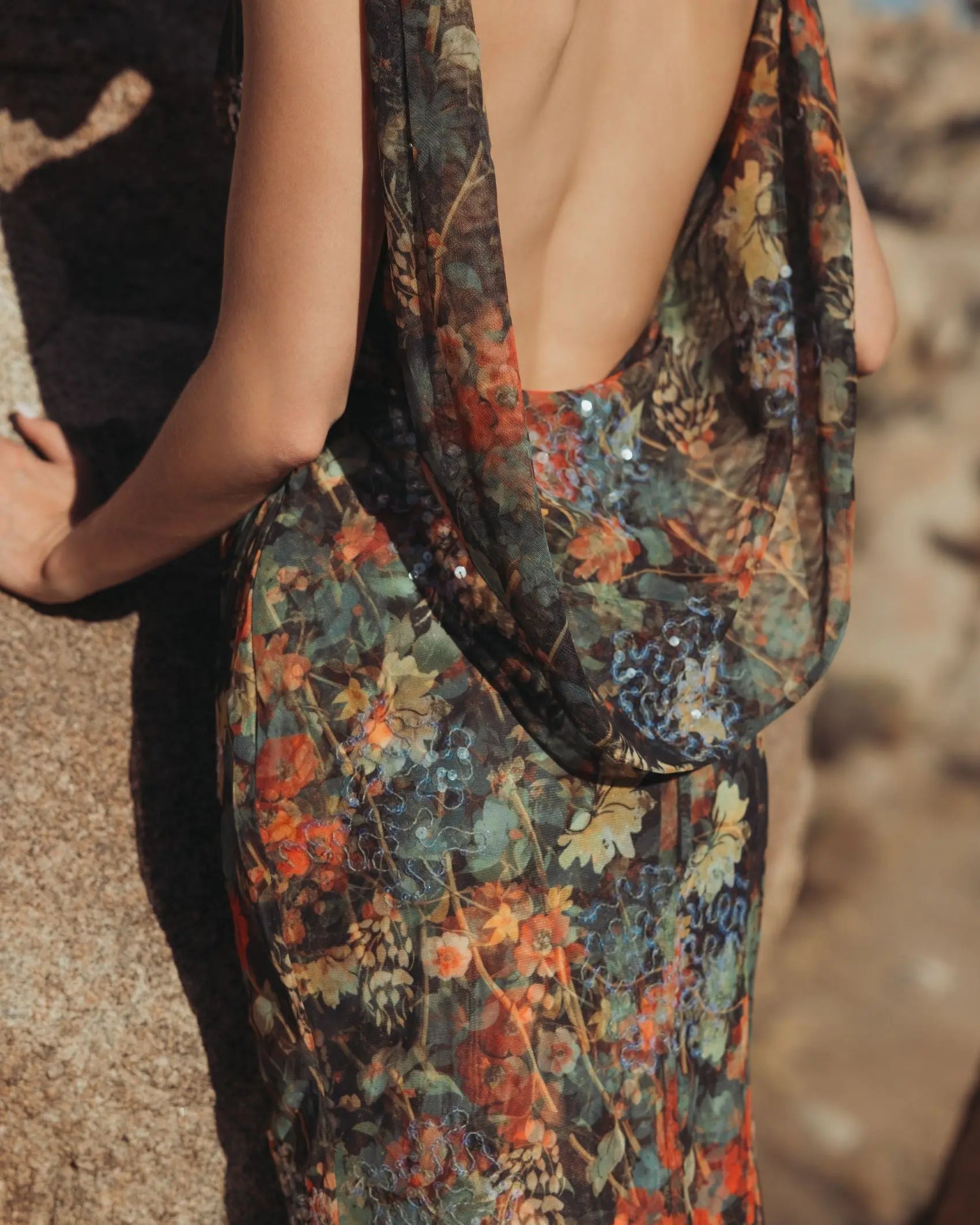 Multicolor Floral Embellished Column Gown-Myartka