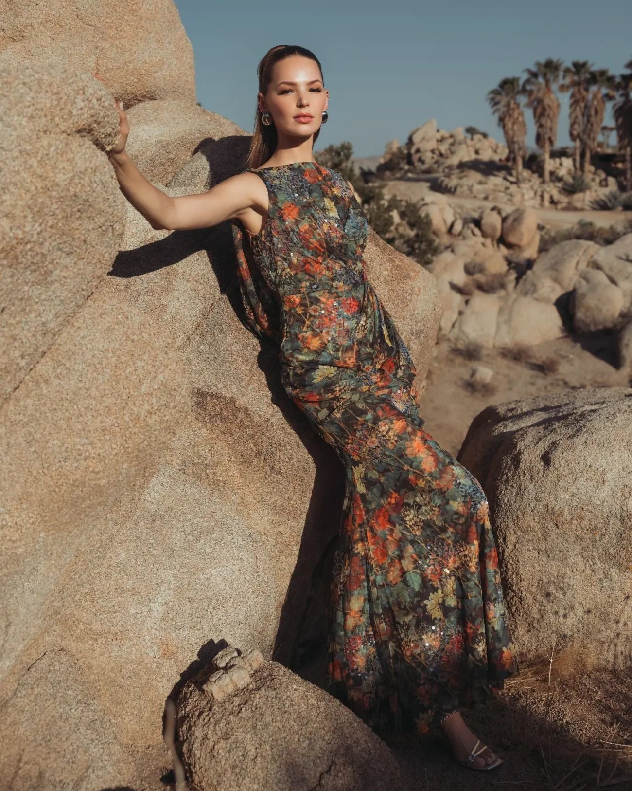 Multicolor Floral Embellished Column Gown-Myartka