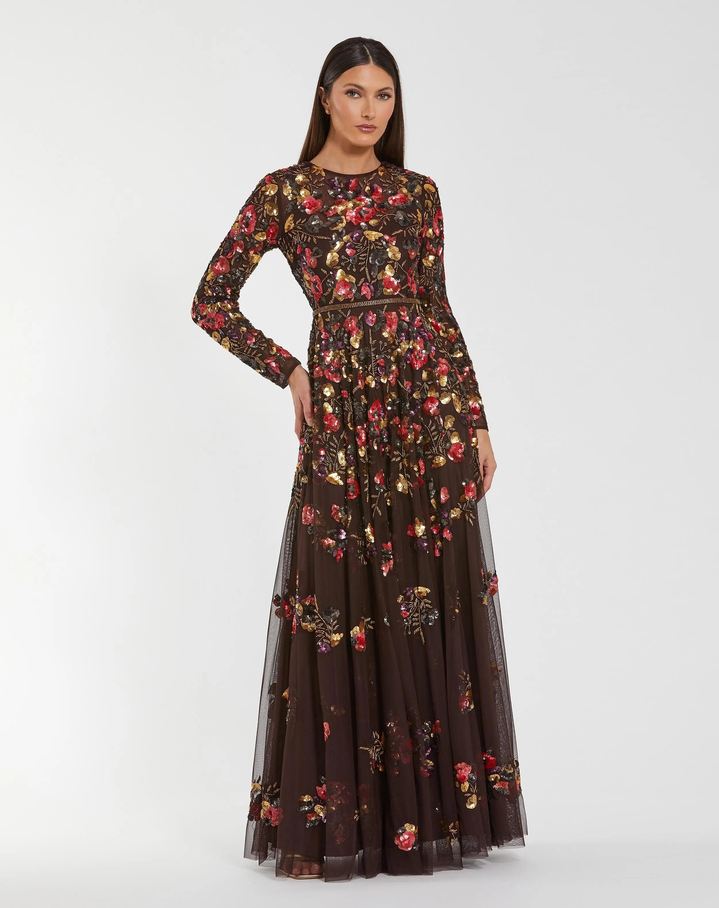 Brown Long Sleeve Floral Embellished Evening Gown-Myartka