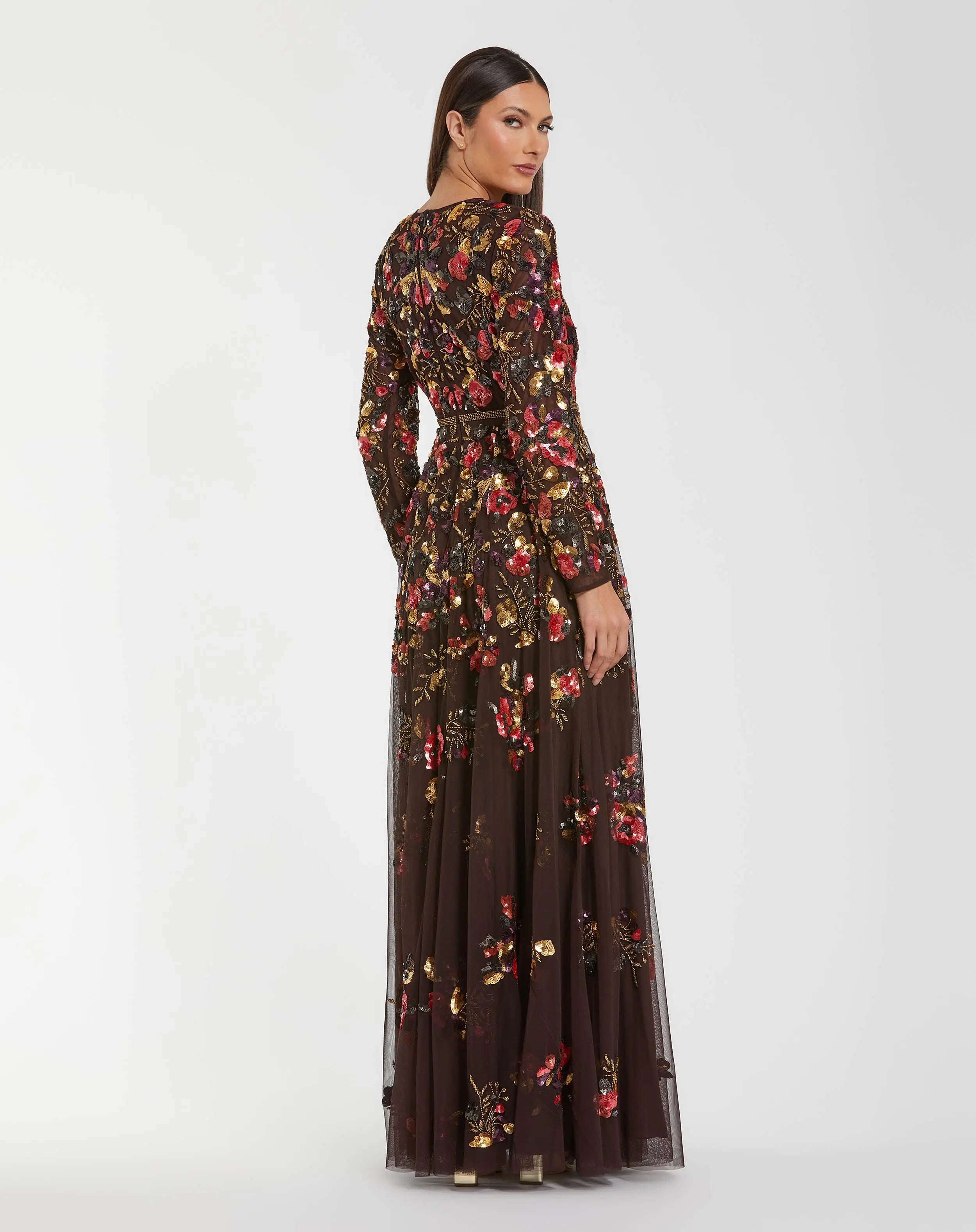 Brown Long Sleeve Floral Embellished Evening Gown-Myartka