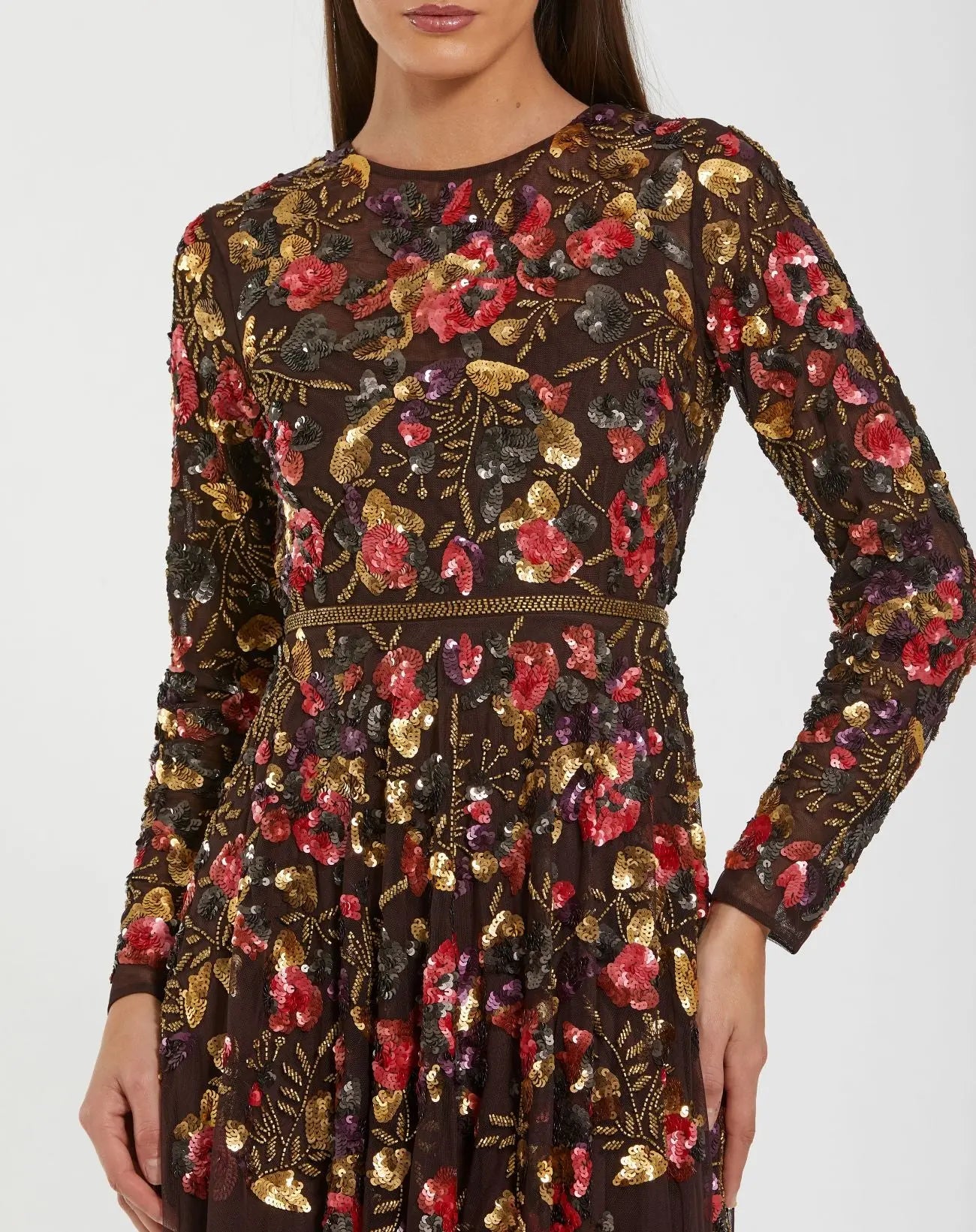 Brown Long Sleeve Floral Embellished Evening Gown-Myartka