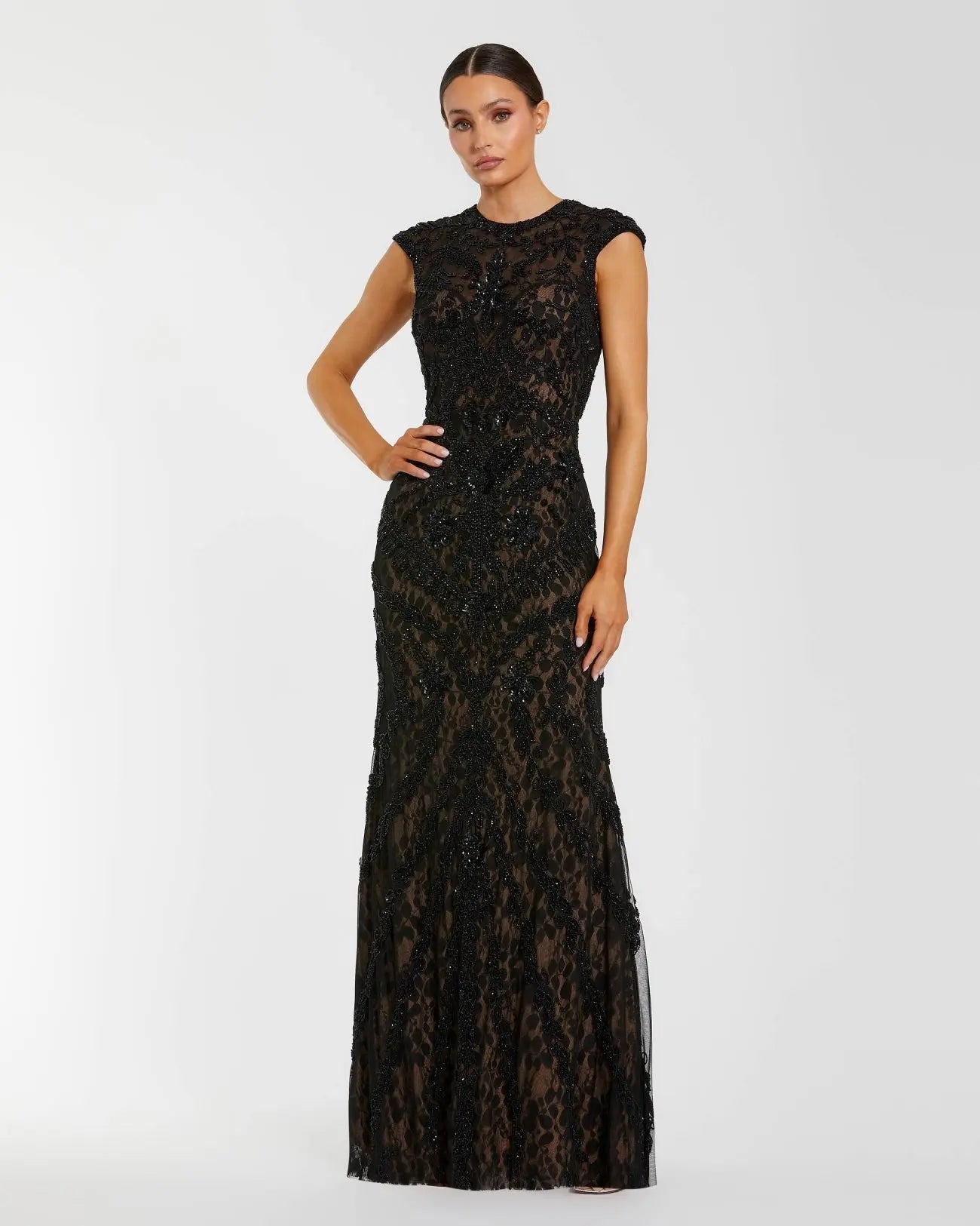 Black Embellished Lace Cap Sleeve Evening Gown-Myartka