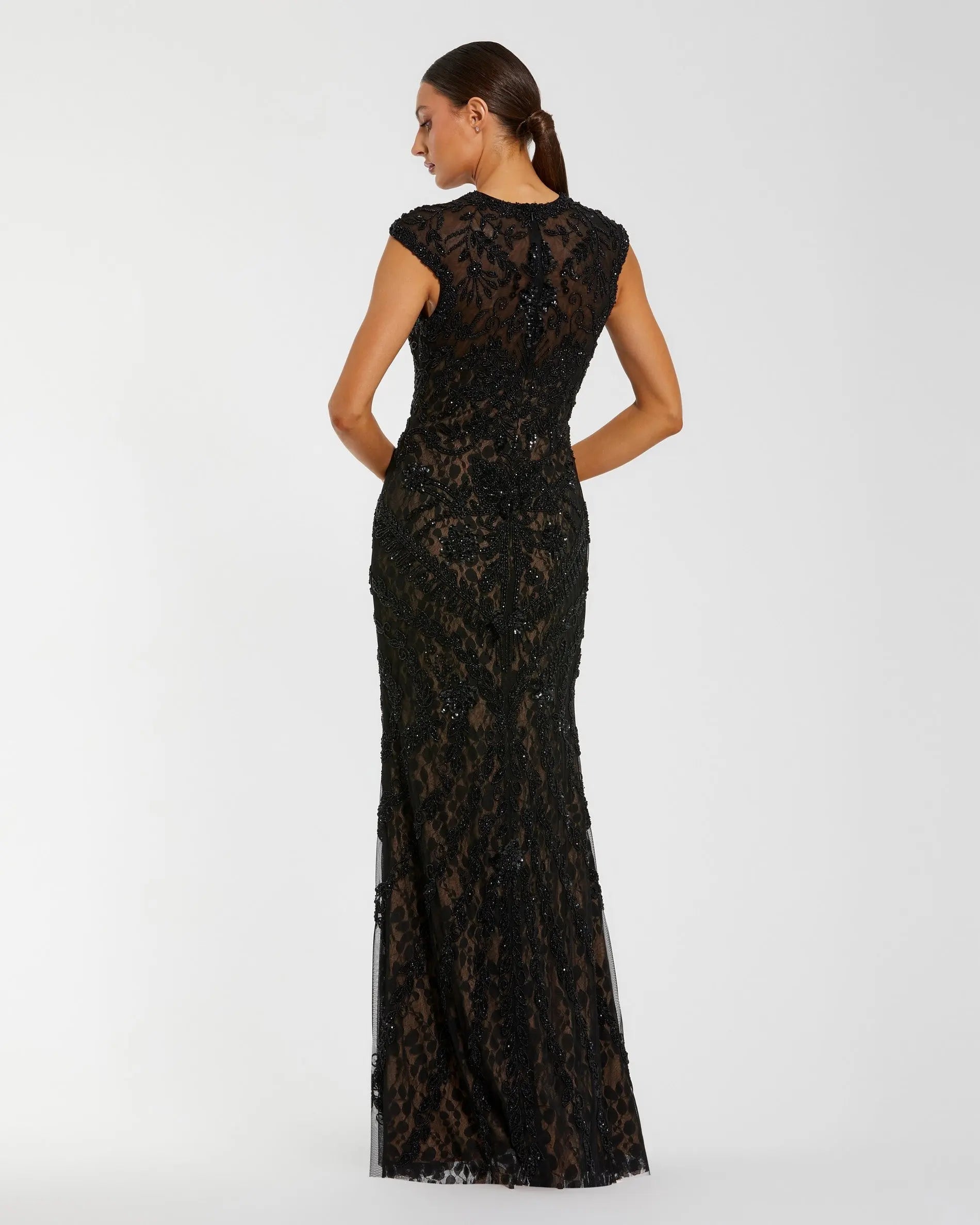 Black Embellished Lace Cap Sleeve Evening Gown-Myartka