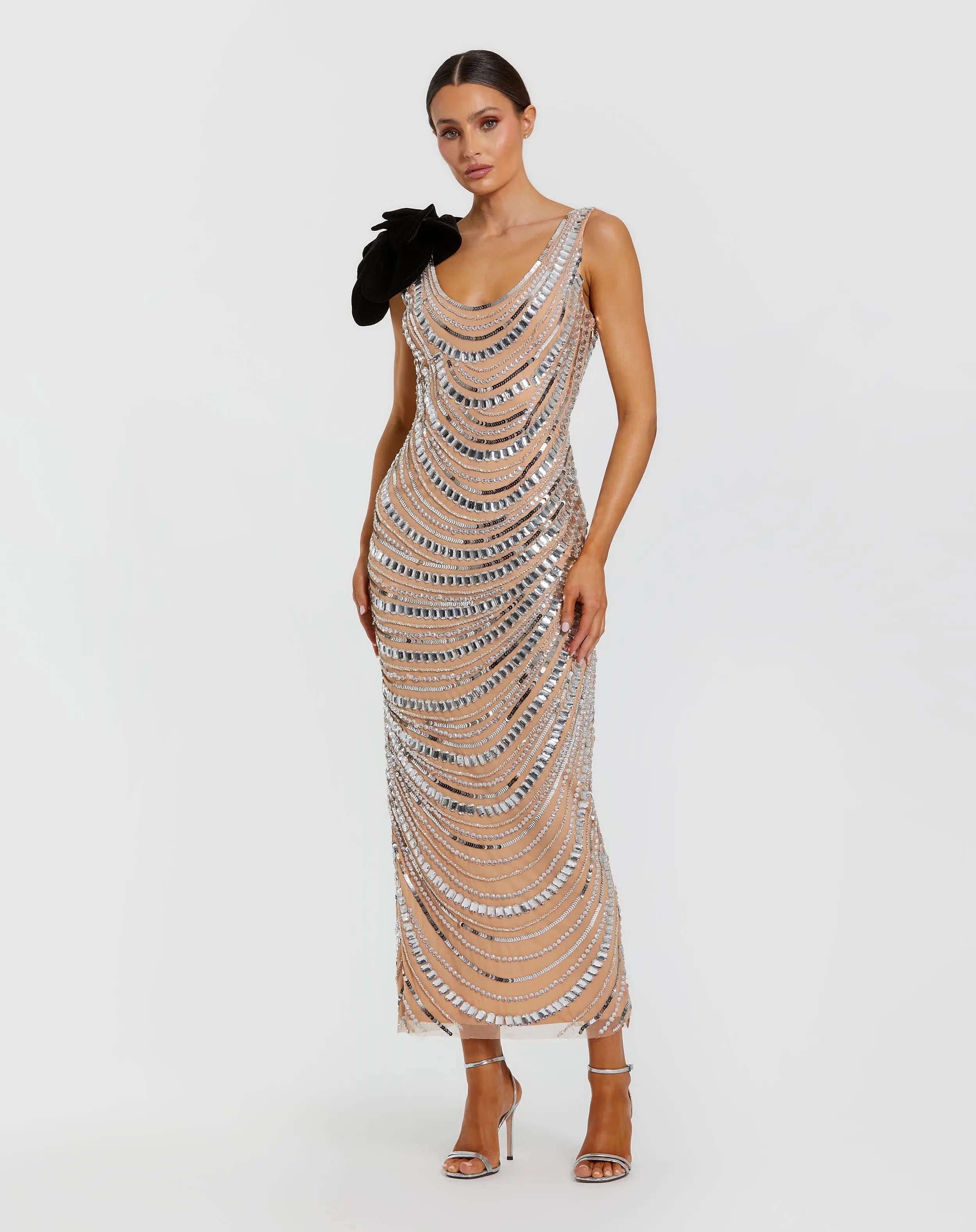 Silver Nude Sequin Cowl Midi Dress with Velvet Flower-Myartka