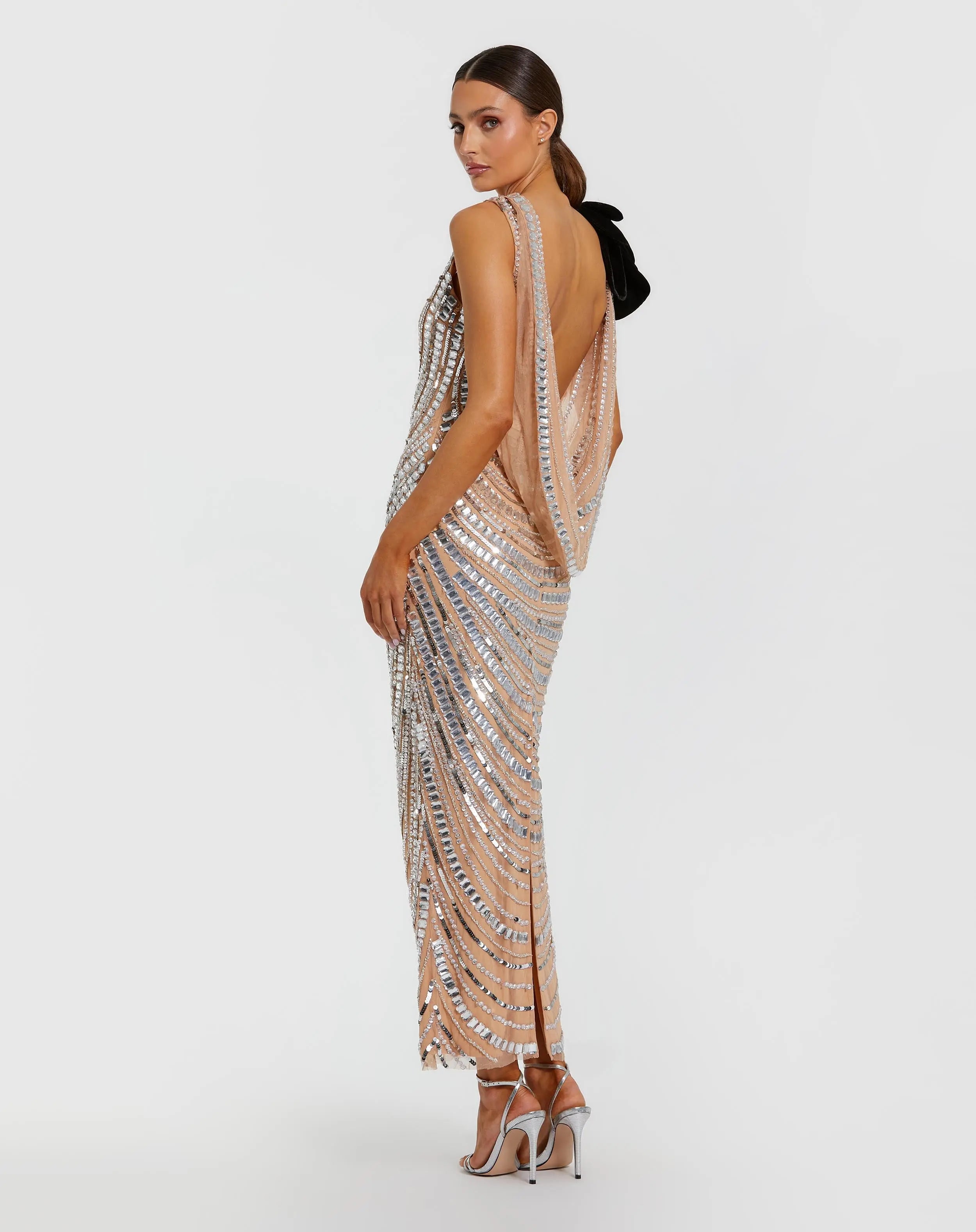 Silver Nude Sequin Cowl Midi Dress with Velvet Flower-Myartka