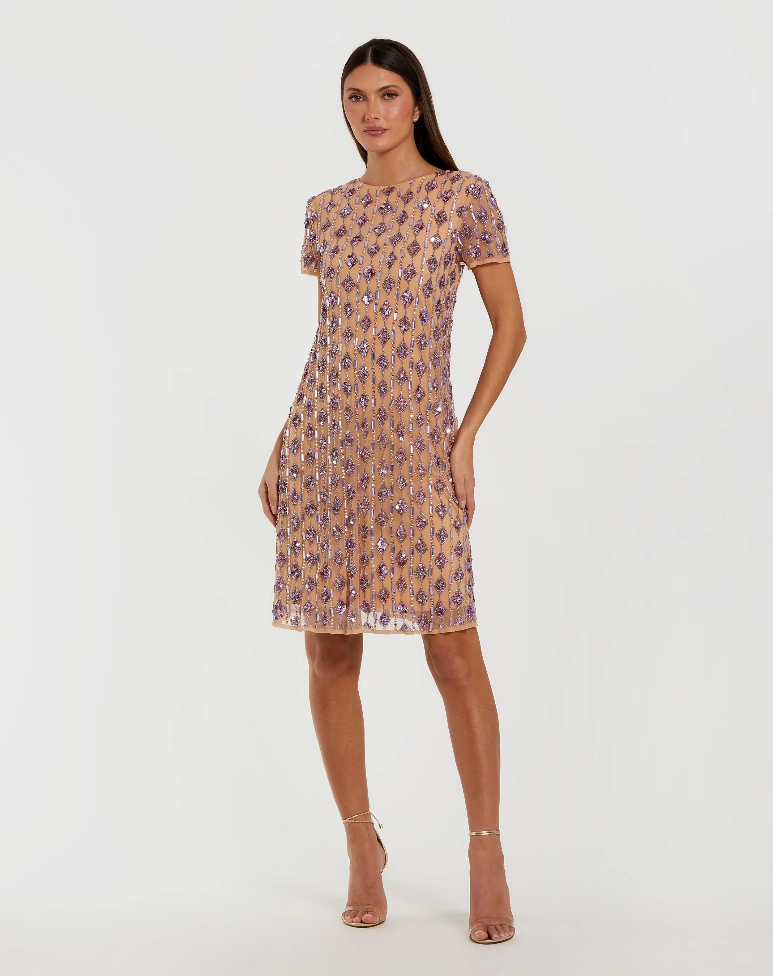 Beige Embellished Short Sleeve Shift Dress-Myartka