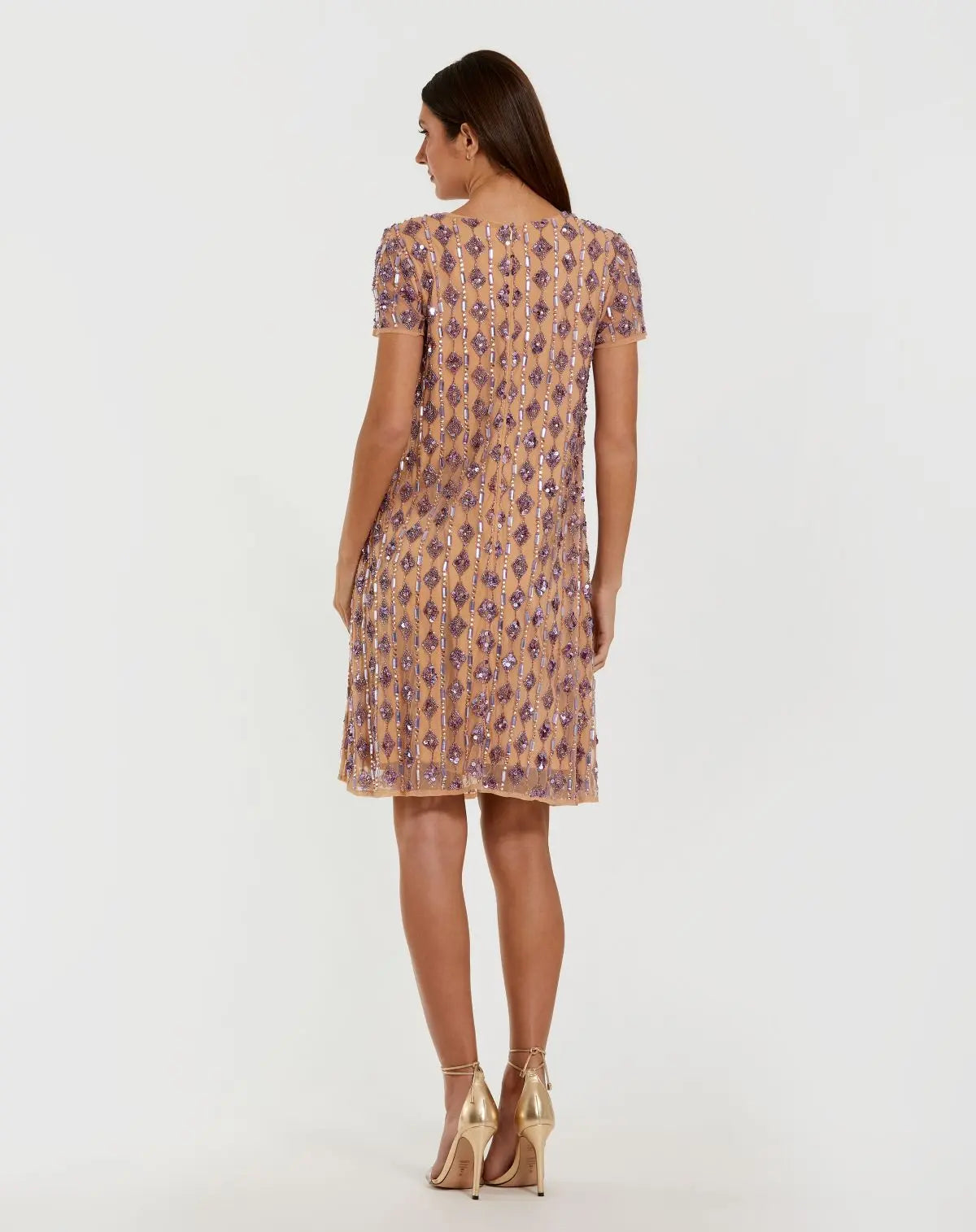 Beige Embellished Short Sleeve Shift Dress-Myartka