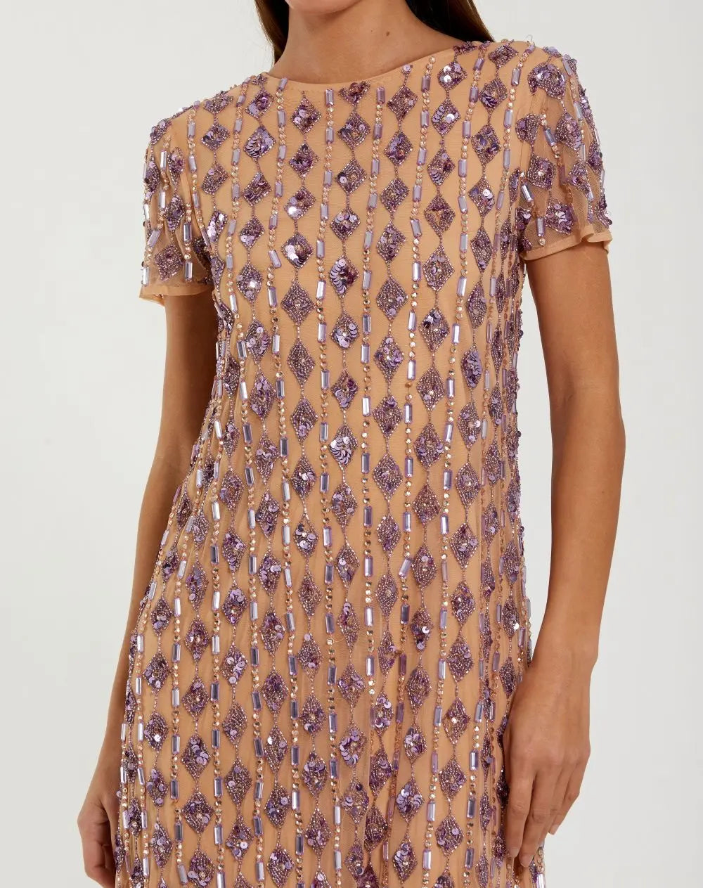Beige Embellished Short Sleeve Shift Dress-Myartka