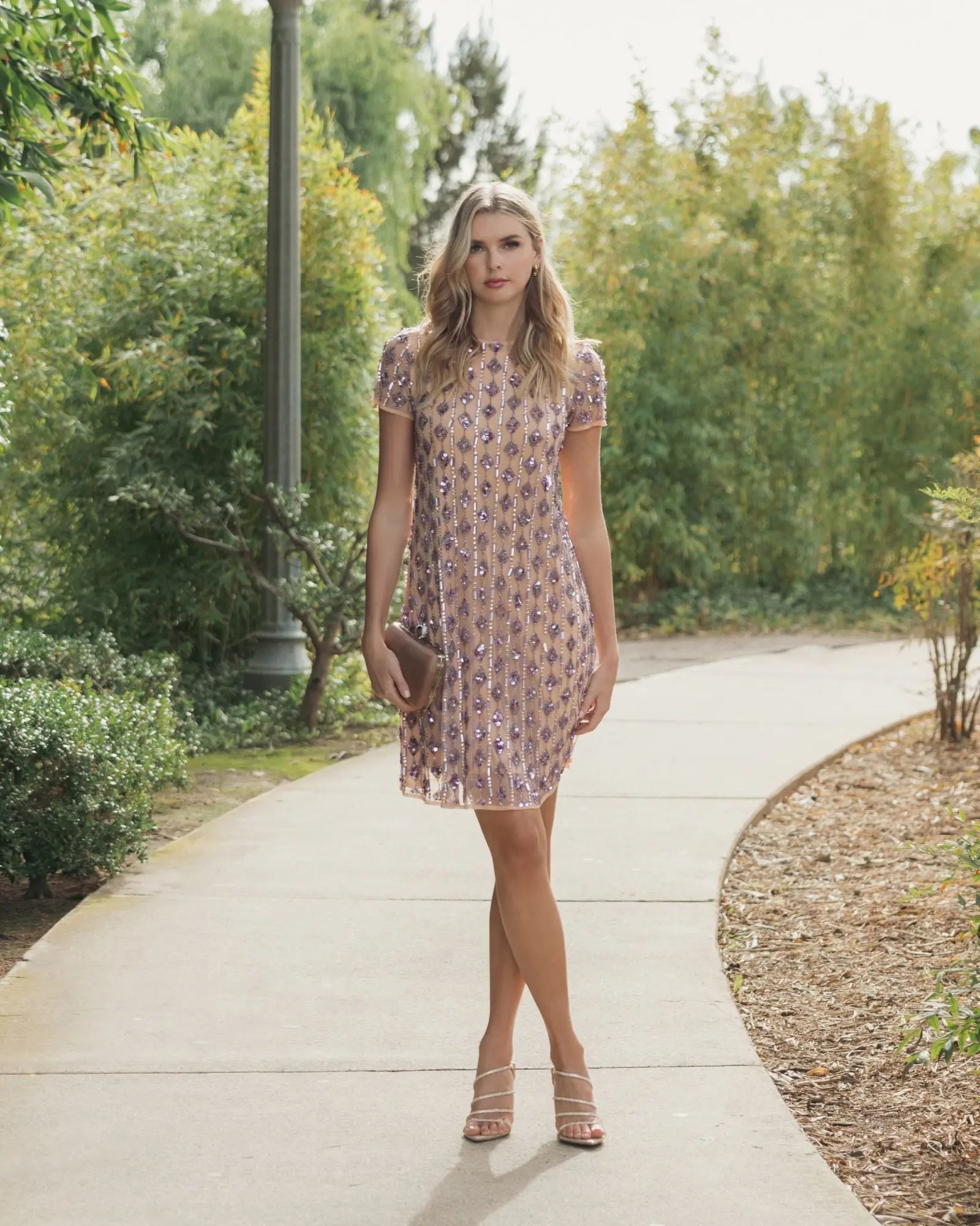 Beige Embellished Short Sleeve Shift Dress-Myartka