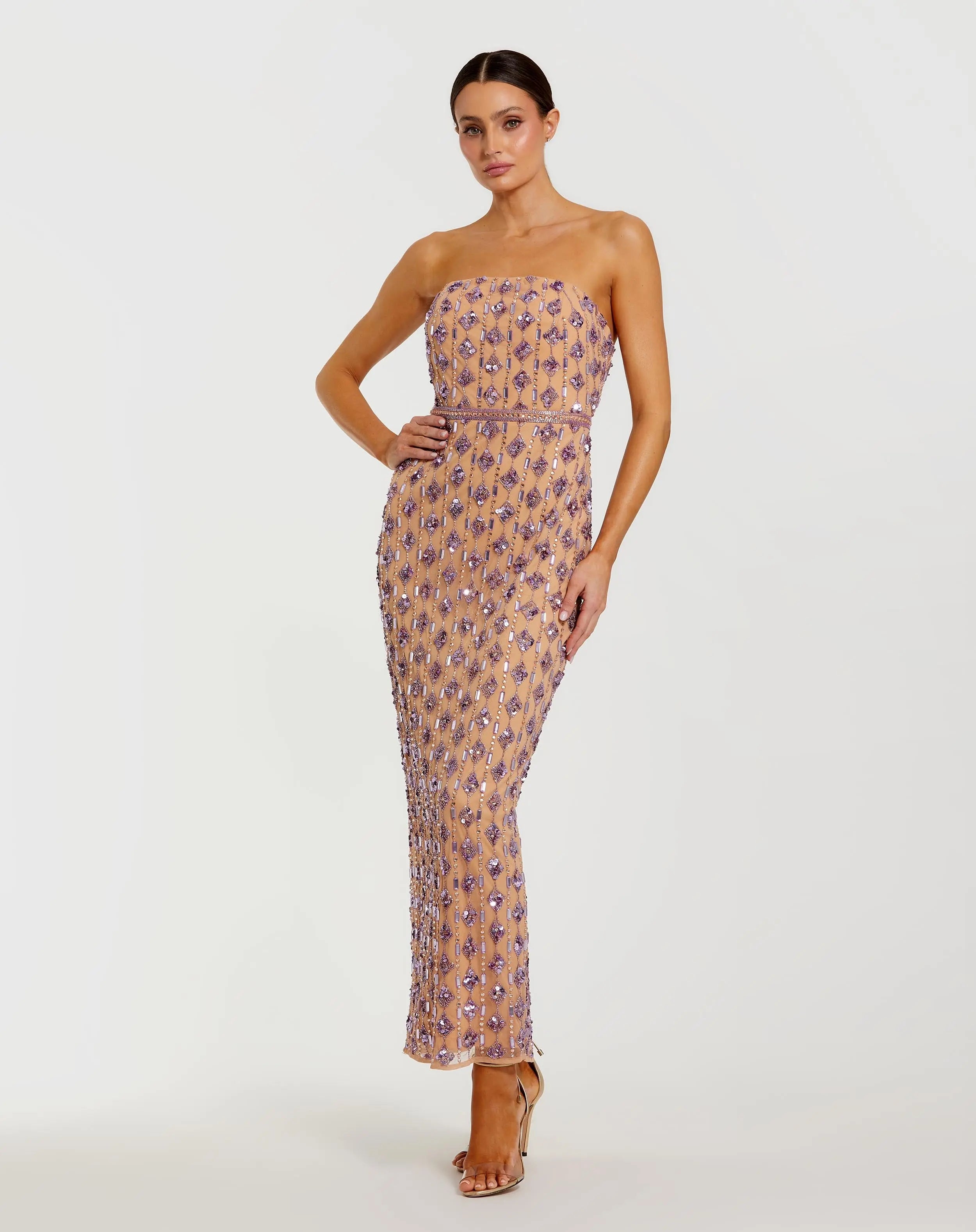 Beige and Purple Beaded Strapless Column Dress-Myartka
