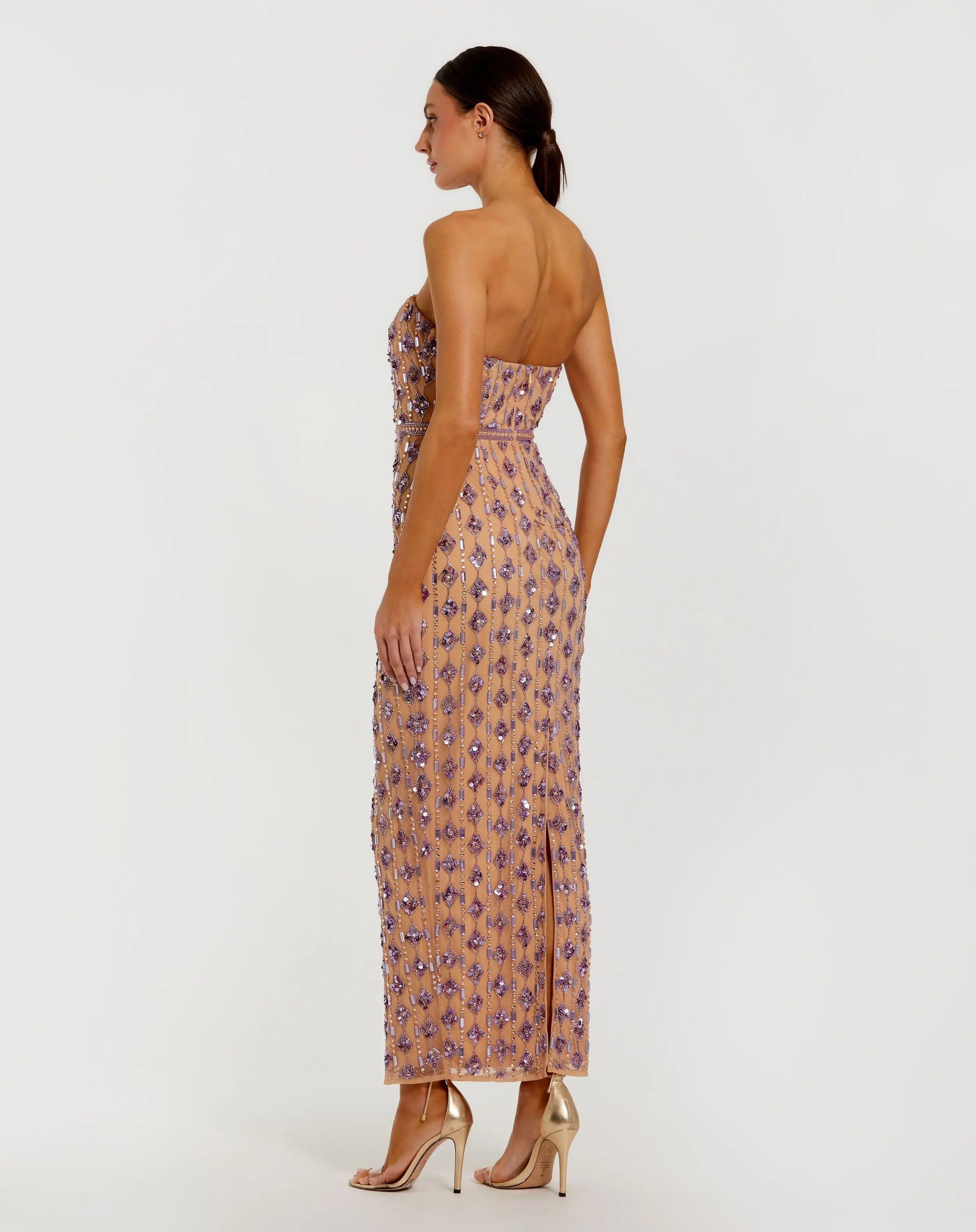 Beige and Purple Beaded Strapless Column Dress-Myartka