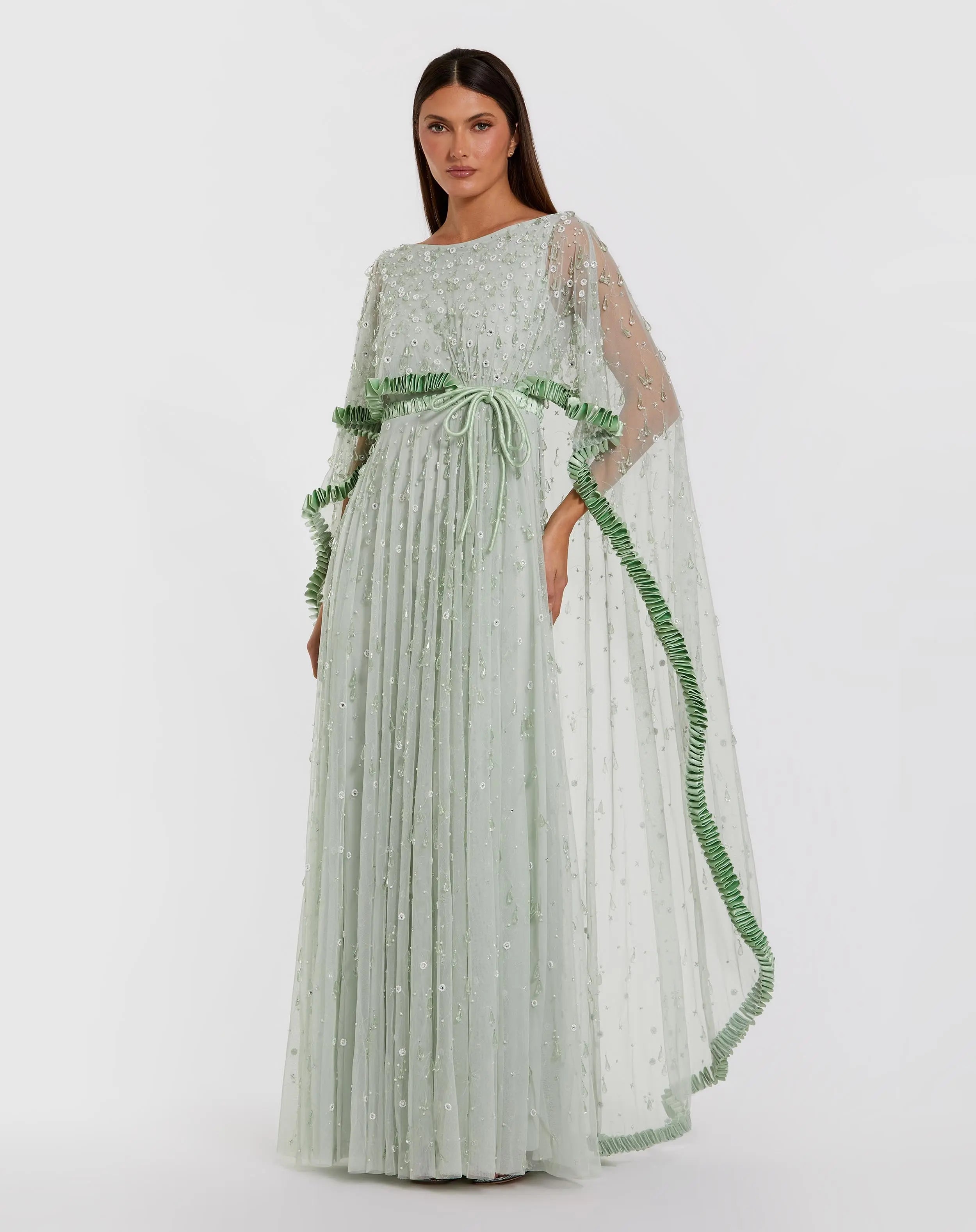 Green Beaded Cape Sleeve Gown with Ruffle Trim-Myartka